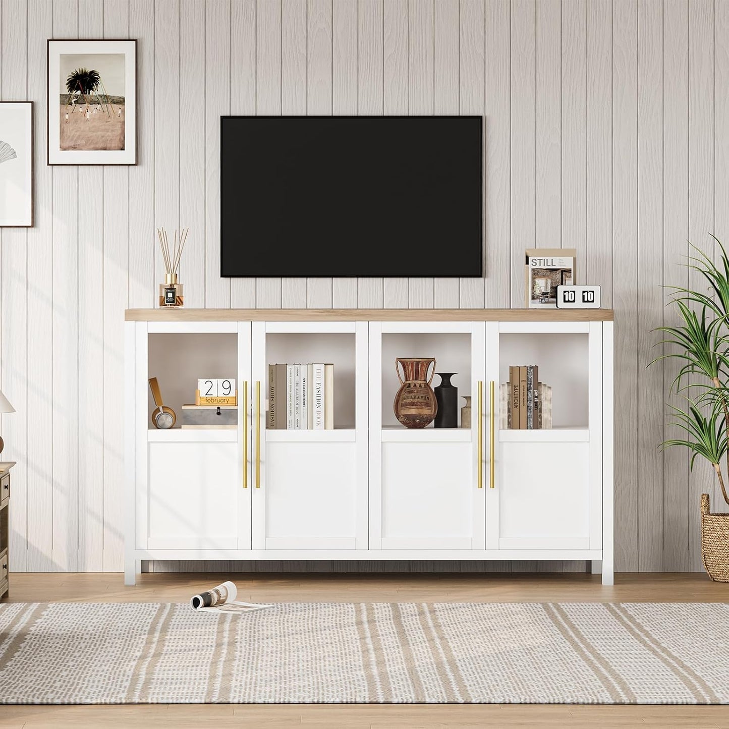 GarveeHome Sideboard Buffet Cabinet with 4 Glass Doors, 55" Buffet Table Coffee Bar Wine Bar Display Cabinet for Kitchen Dining Room, Living Room (White, Glass with 4 Doors)