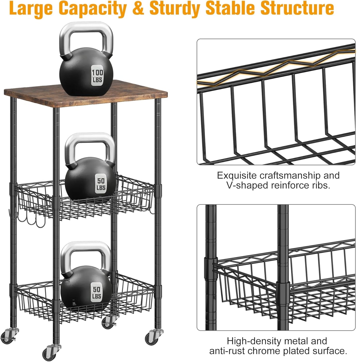 Rolling Kitchen Storage Cart, 3-Tier Storage Rack on Caster Wheels with Adjustable 2 Baskets, Coffee Station Cart Rack Shelf Organizer for Living Room Office, Balcony, Rustic Brown/Black