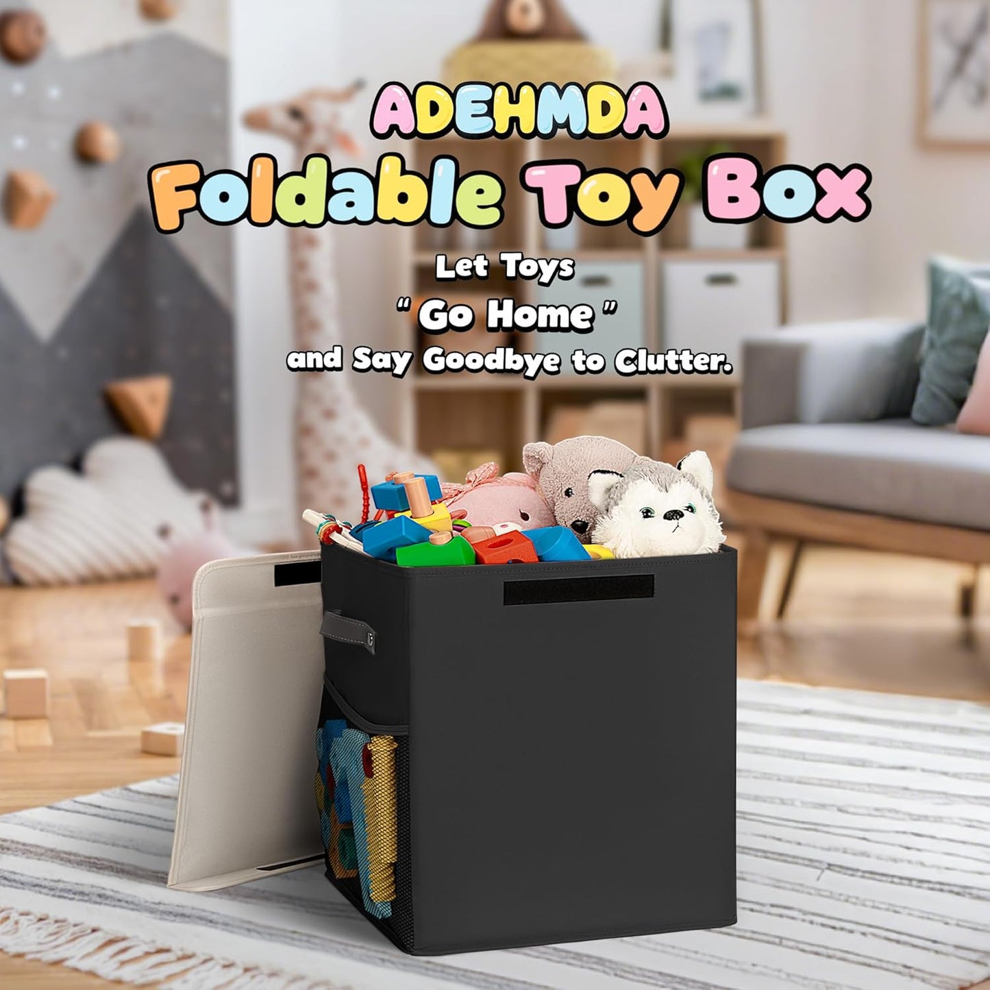 40L Large Toy Storage Box with Lid, Large Toy Box Chest for Kids, Girls and Boys, Nursery Room and Living Room, 13"x13" x16" - Black