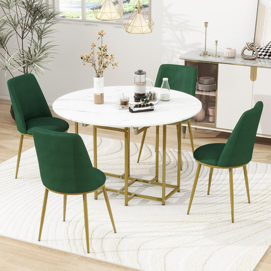 Merax 47.2” Round Dining Table Set for 4, Foldable Kitchen Dining Table with 11.8” Drop Leaves, Faux Marble Top with Golden Frame, 4 Upholstered Chairs (White+Green)
