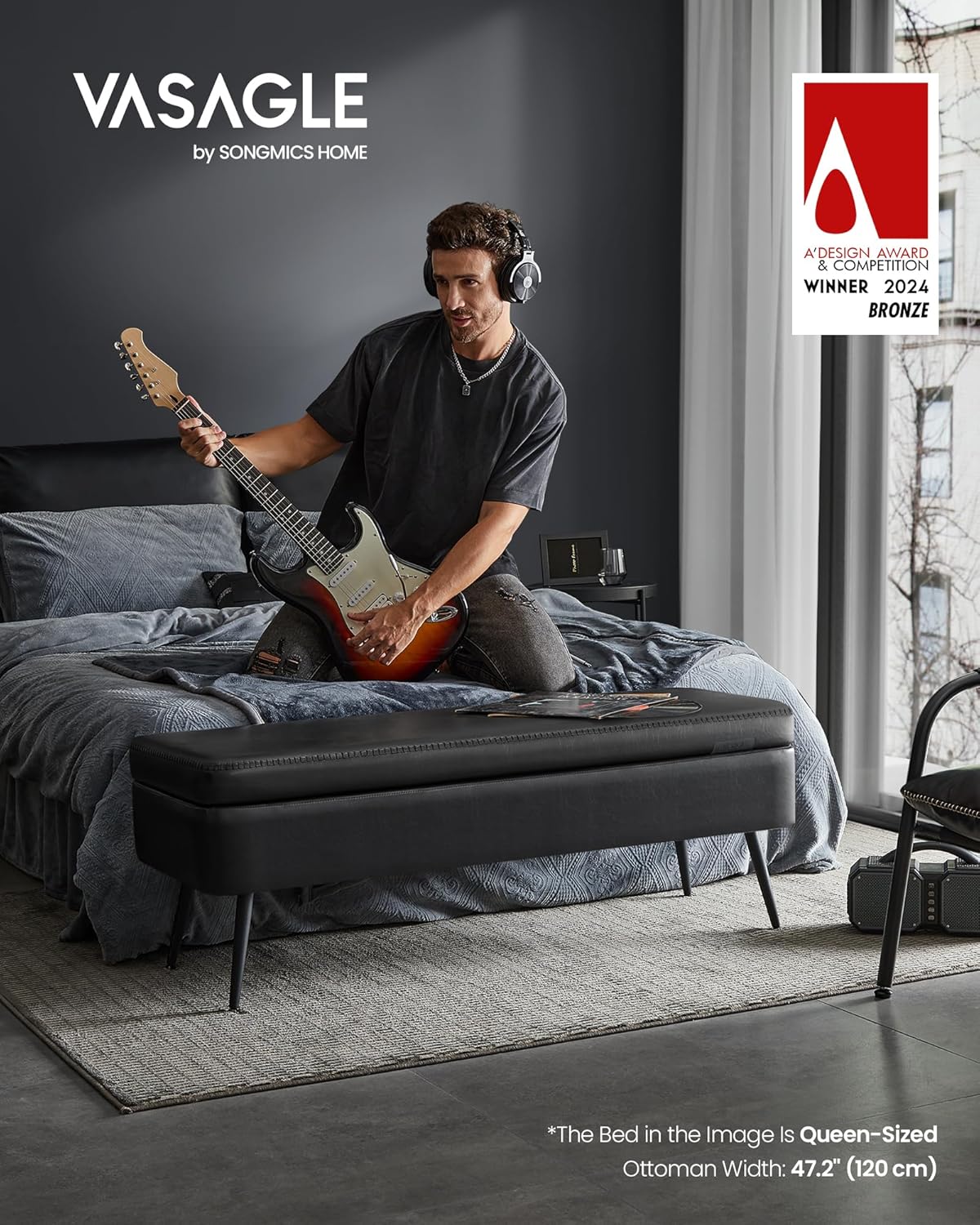 VASAGLE EKHO Collection - Storage Ottoman Bench, Entryway Bedroom Bench, 15 Gallons, Synthetic Leather with Stitching, Mid-Century Modern, Safety Hinges, Loads 660 lb, Ink Black ULOM074B01