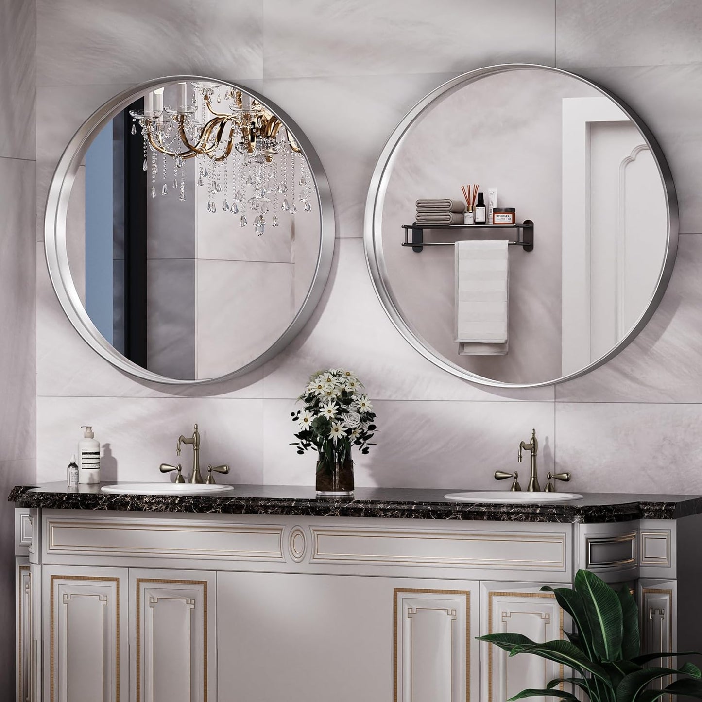 Hasipu Round Silver Mirror 38 Inch Large Round Bathroom Mirror Metal Frame, Wall Mounted Circle Vanity Mirror Modern Decor (Horizontal/Vertical)