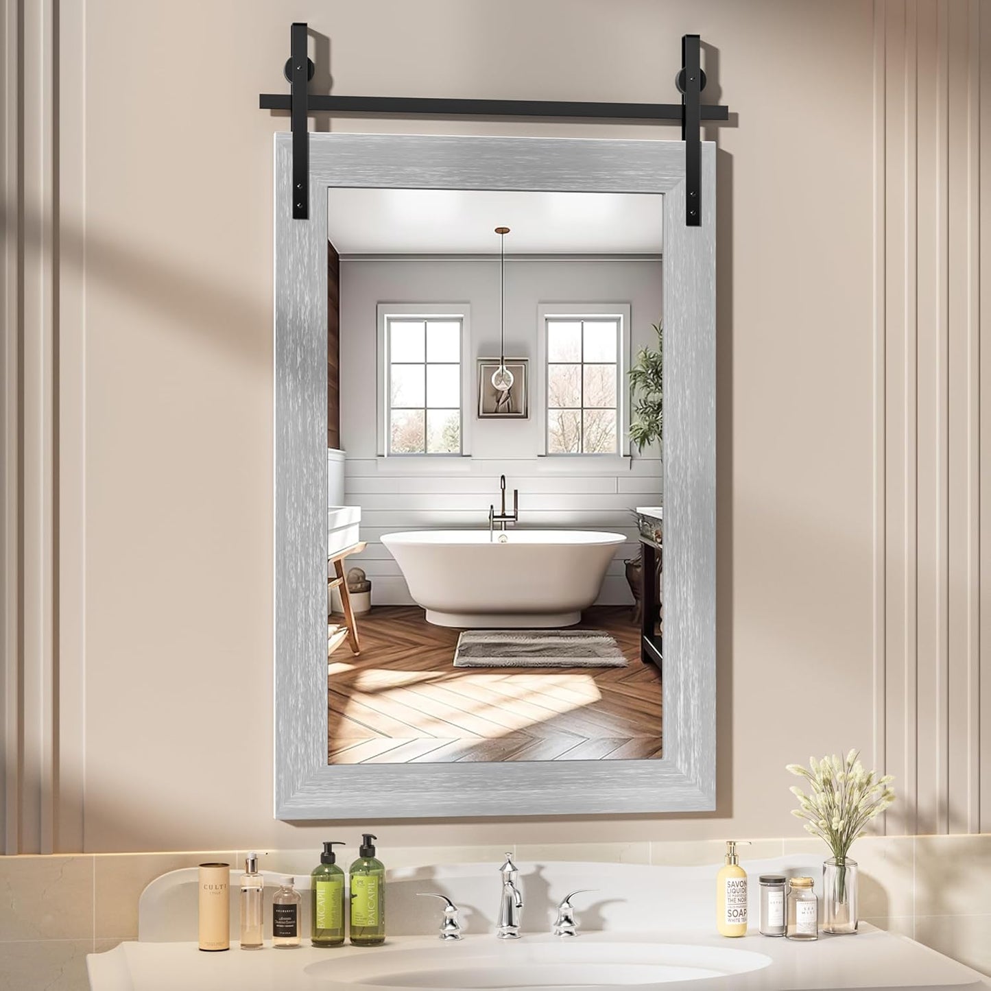 Hasipu Farmhouse Bathroom Mirror, 24"x36" Rustic Wood Framed Wall Mounted Mirror, Gray Vintage Vanity Mirror Barn Door Style Decrative Mirrors