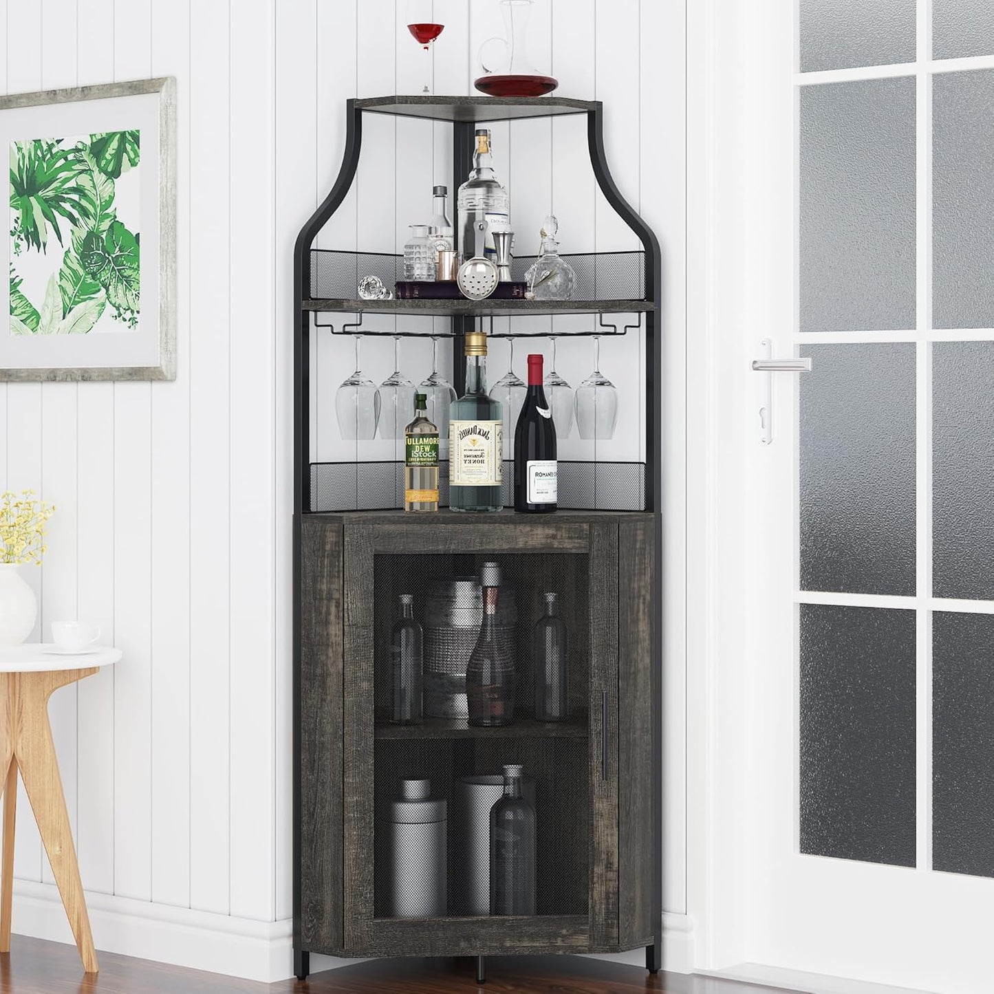 GAOMON Rustic Modern Corner Wine Cabinet, 5-Tiers Liquor Cabinet with Glass Holder, Industrial Bar Cabinet for Home, Dark Rustic Oak, 13.4"D x 18.5"W x 61"H