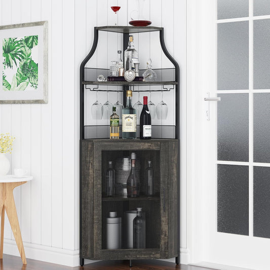 GAOMON Rustic Modern Corner Wine Cabinet, 5-Tiers Liquor Cabinet with Glass Holder, Industrial Bar Cabinet for Home, Dark Rustic Oak, 13.4"D x 18.5"W x 61"H