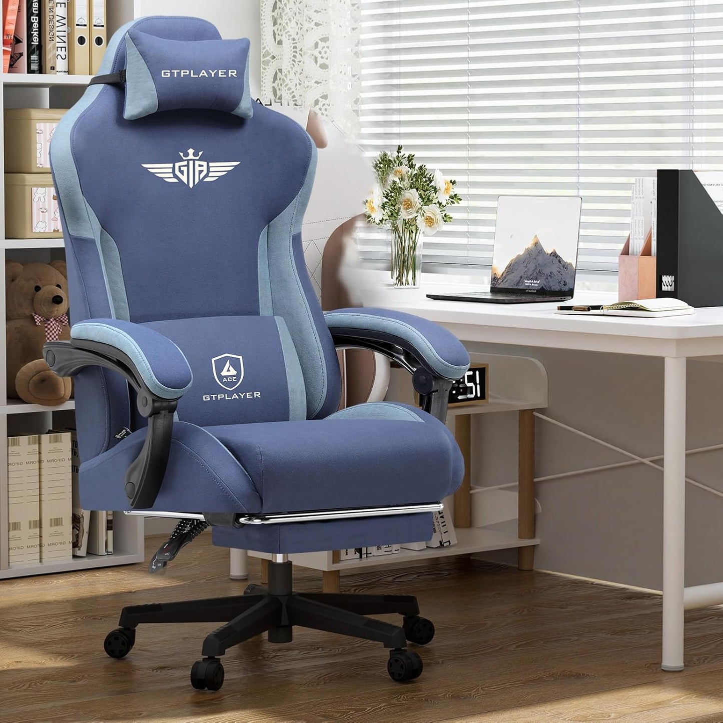 GTPLAYER Gaming Chair Fabric with Footrest, Big and Tall Game Chair High Back Computer Office Chair with Lumbar Support for Adults, Ergonomic Swivel Games Chair with Cushion Gaming Dark Blue