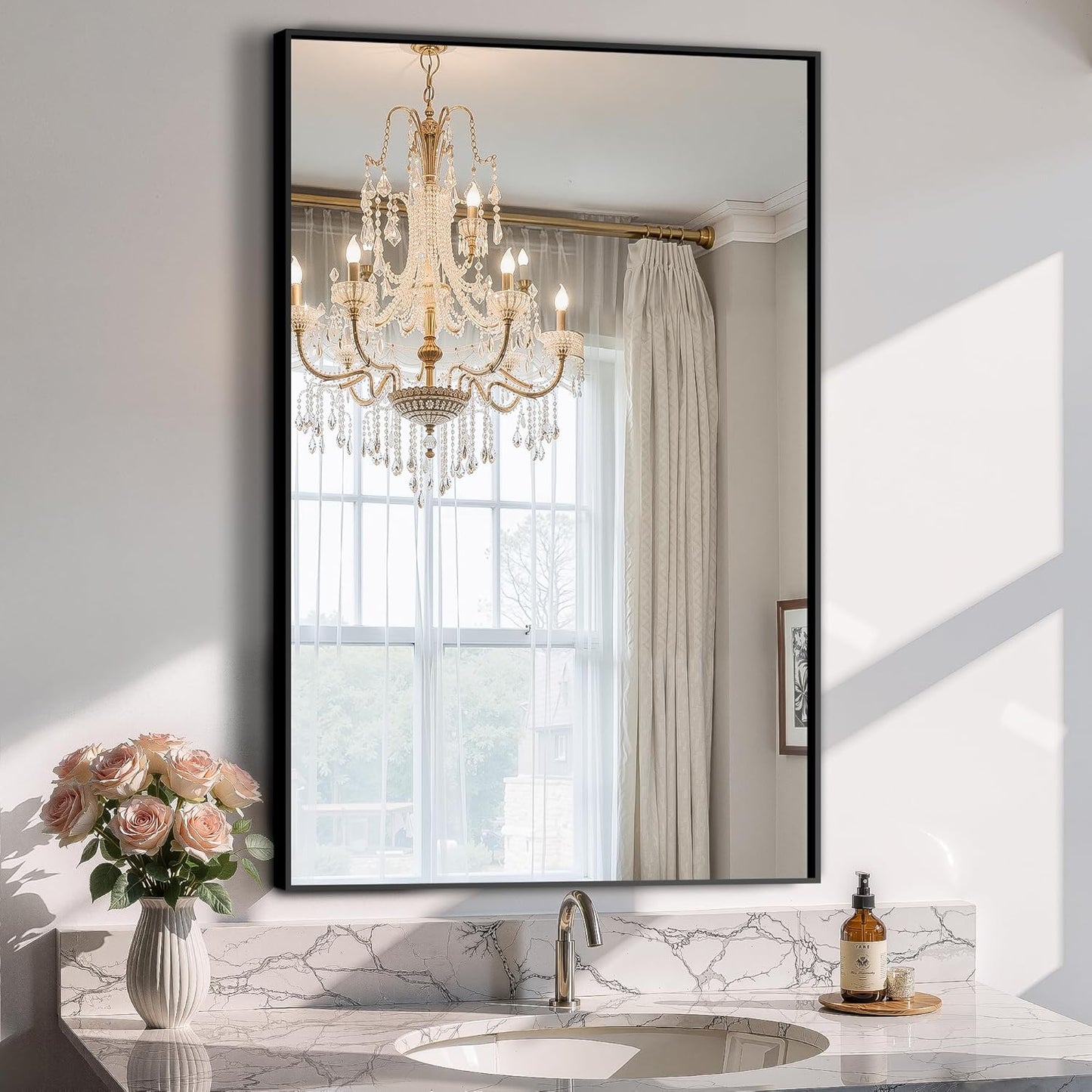 Bathroom Vanity Mirror for Wall, 36" x 24" Metal Framed Rectangular Bathroom Wall Mirror for Over Sink, HD Shatterproof Glass, Hangs Horizontally or Vertically(Black)