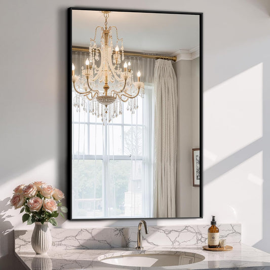 Bathroom Vanity Mirror for Wall, 36" x 24" Metal Framed Rectangular Bathroom Wall Mirror for Over Sink, HD Shatterproof Glass, Hangs Horizontally or Vertically(Black)