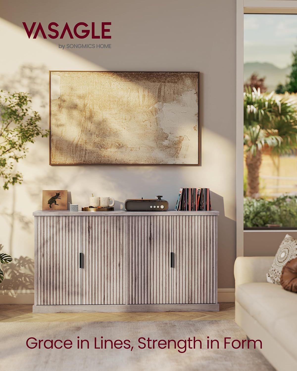 VASAGLE MAXE Collection - Buffet Cabinet, Console Cabinet, Sideboard with Adjustable Shelves, Fluted Doors, Transitional, Kitchen Pantry, Washed Gray UBBK382G01S