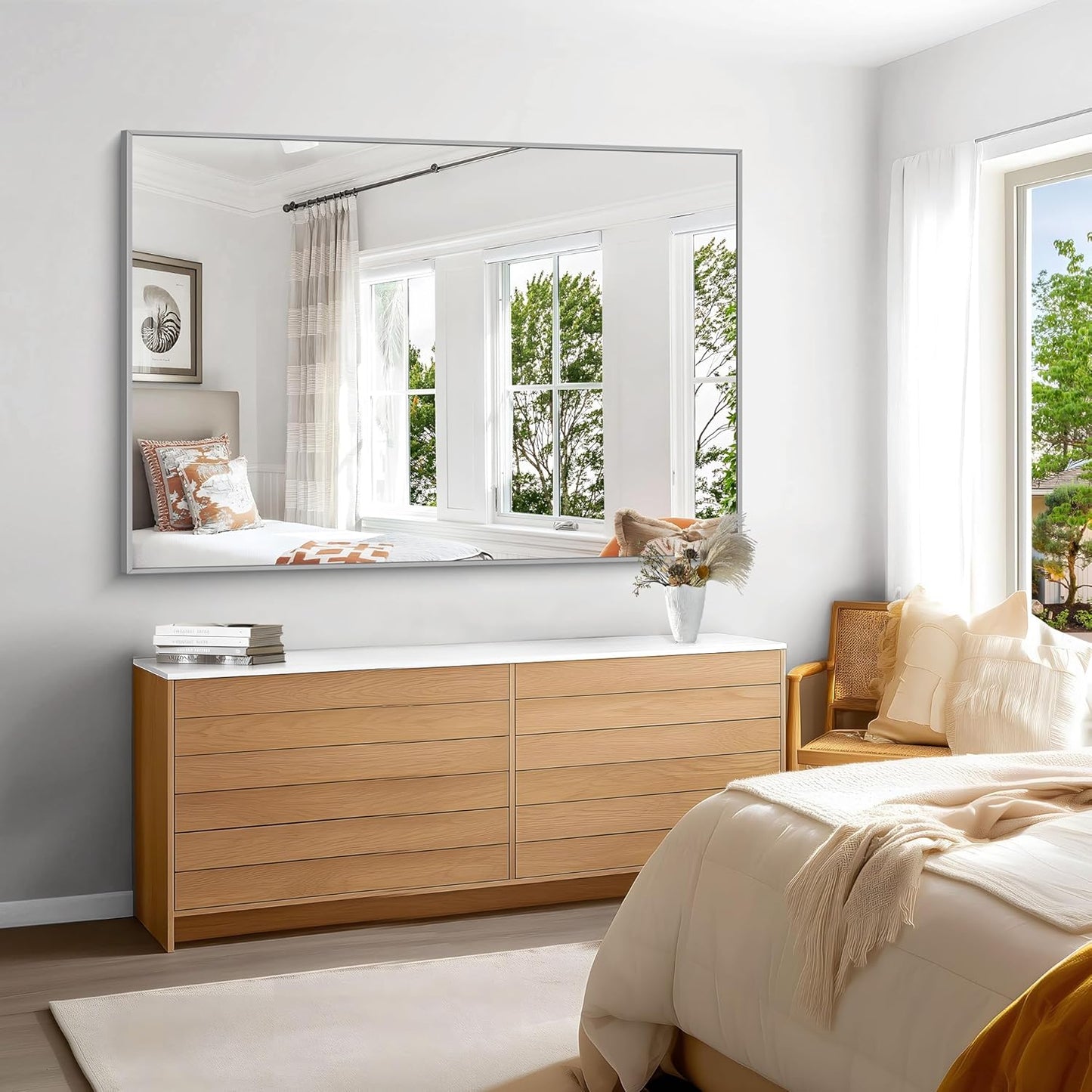 KOCUUY Large Silver Bathroom Mirror, 60x40 inch Rectangular Mirror for Bathroom Sink, Oversized Mirror with Metal Brushed Nickel Frame for Living Room, Farmhouse, Entryway, Hang Horizontal/Vertical