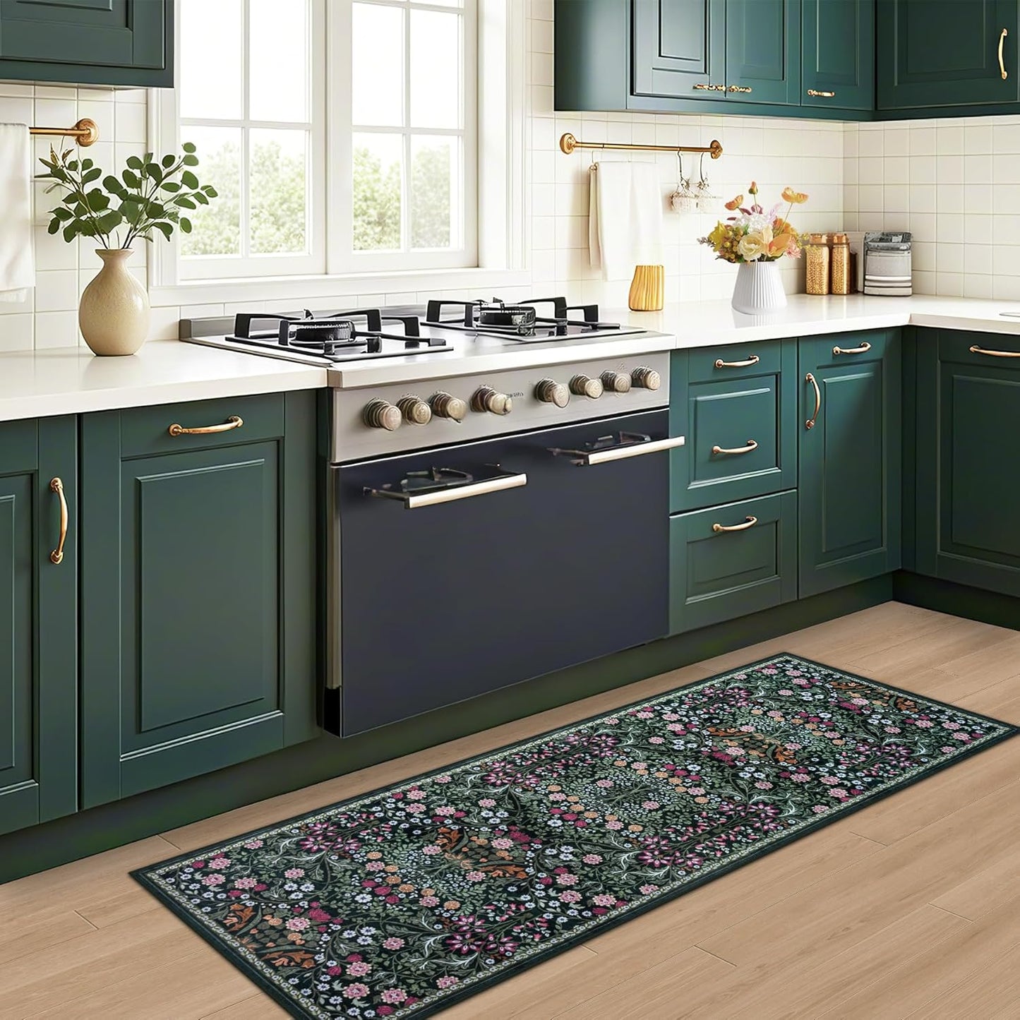 Runner Rug for Entryway: 2x6 Kitchen Rugs Non Slip Washable Ultra-Thin Soft Floral Carpet Indoor Floor Stain Resistant Carpets for Hallway Bedroom Kitchen Laundry Bathroom Dorm Dark Green