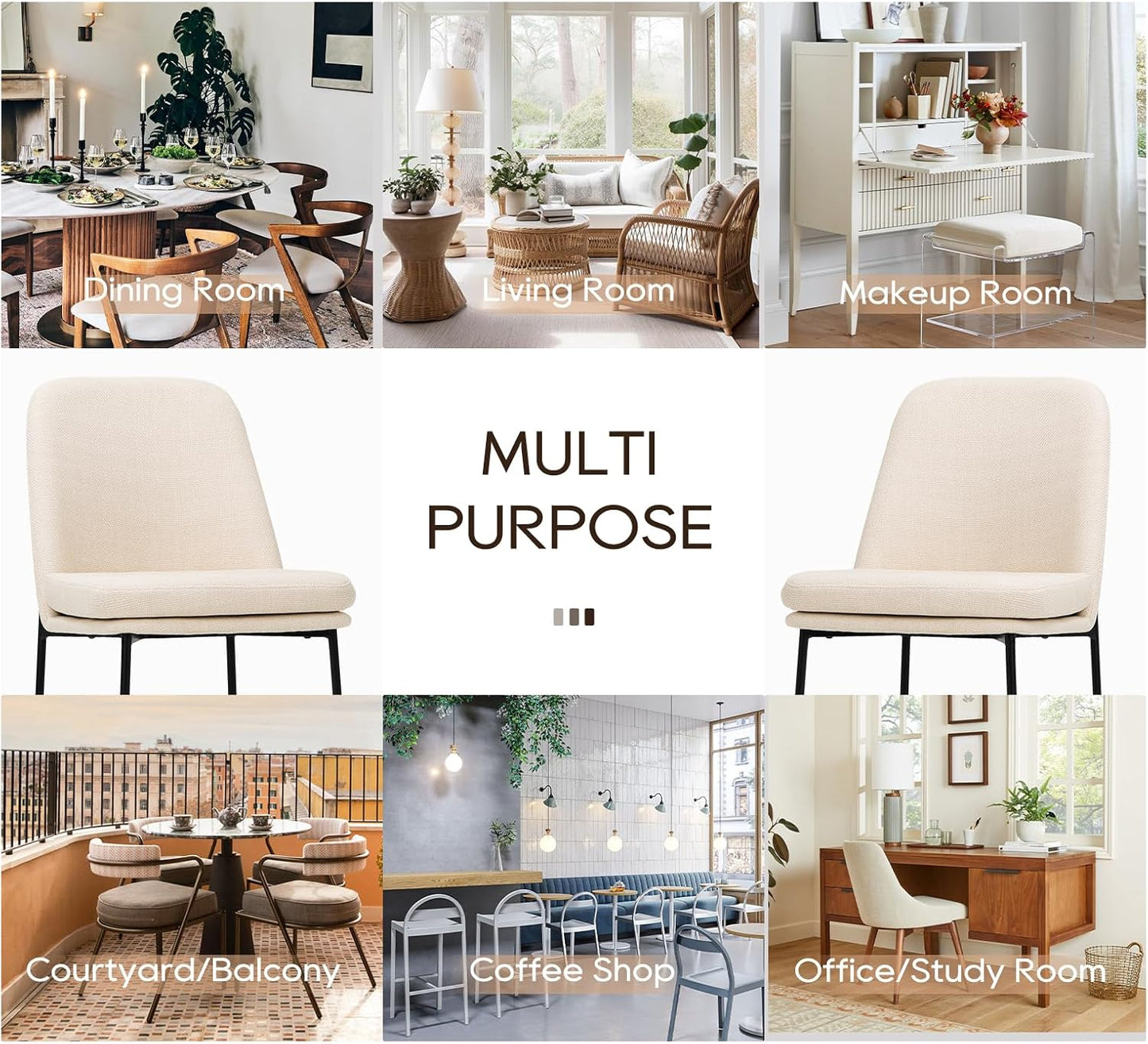 COLAMY Modern Dining Chairs Set of 2, Fabric Upholstered Dining Room Chairs Dinner Chair Stylish Kitchen Chairs with Curved Back and Metal Legs, Beige