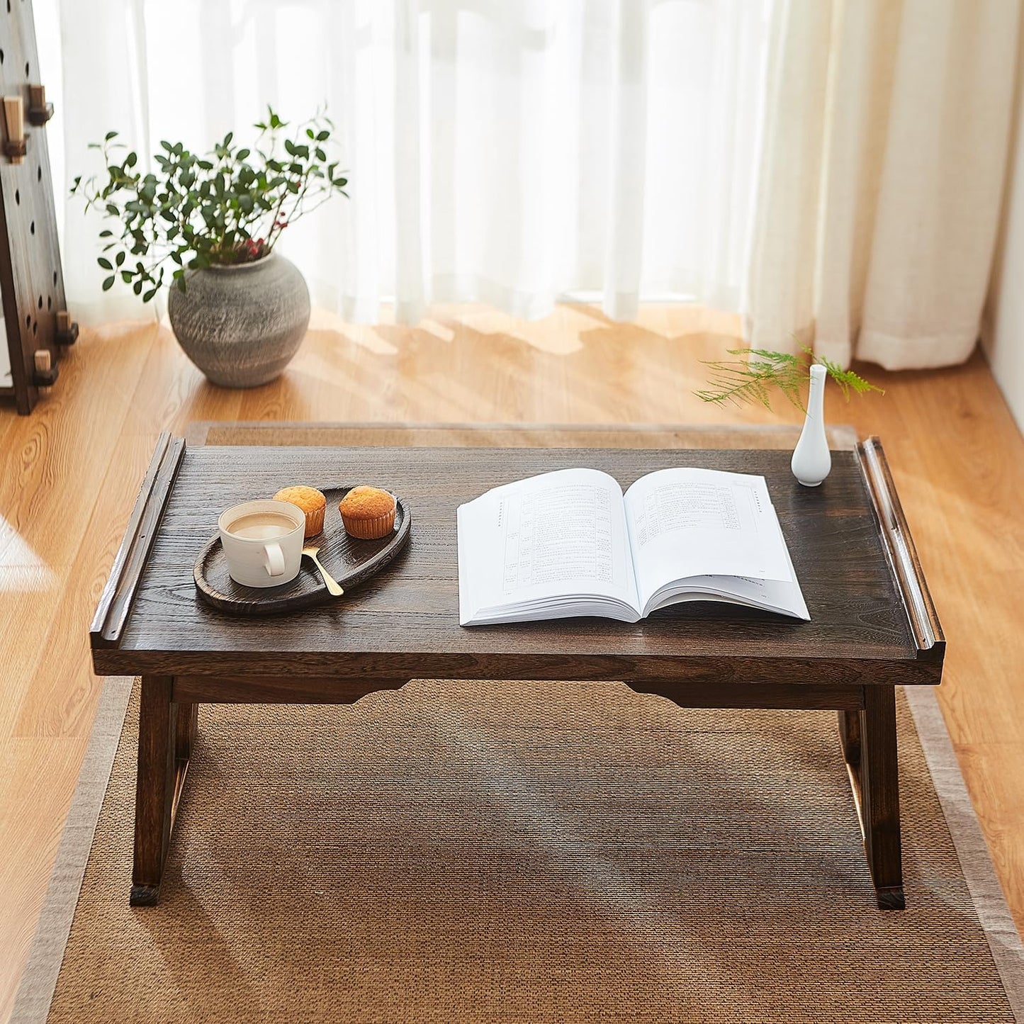 Japanese Floor Table, Small Coffee & Tea Table, Altar for Meditation, Low Table for Sitting on Floor, Wood Bed Tray With Foldable Legs, Laptop Desk