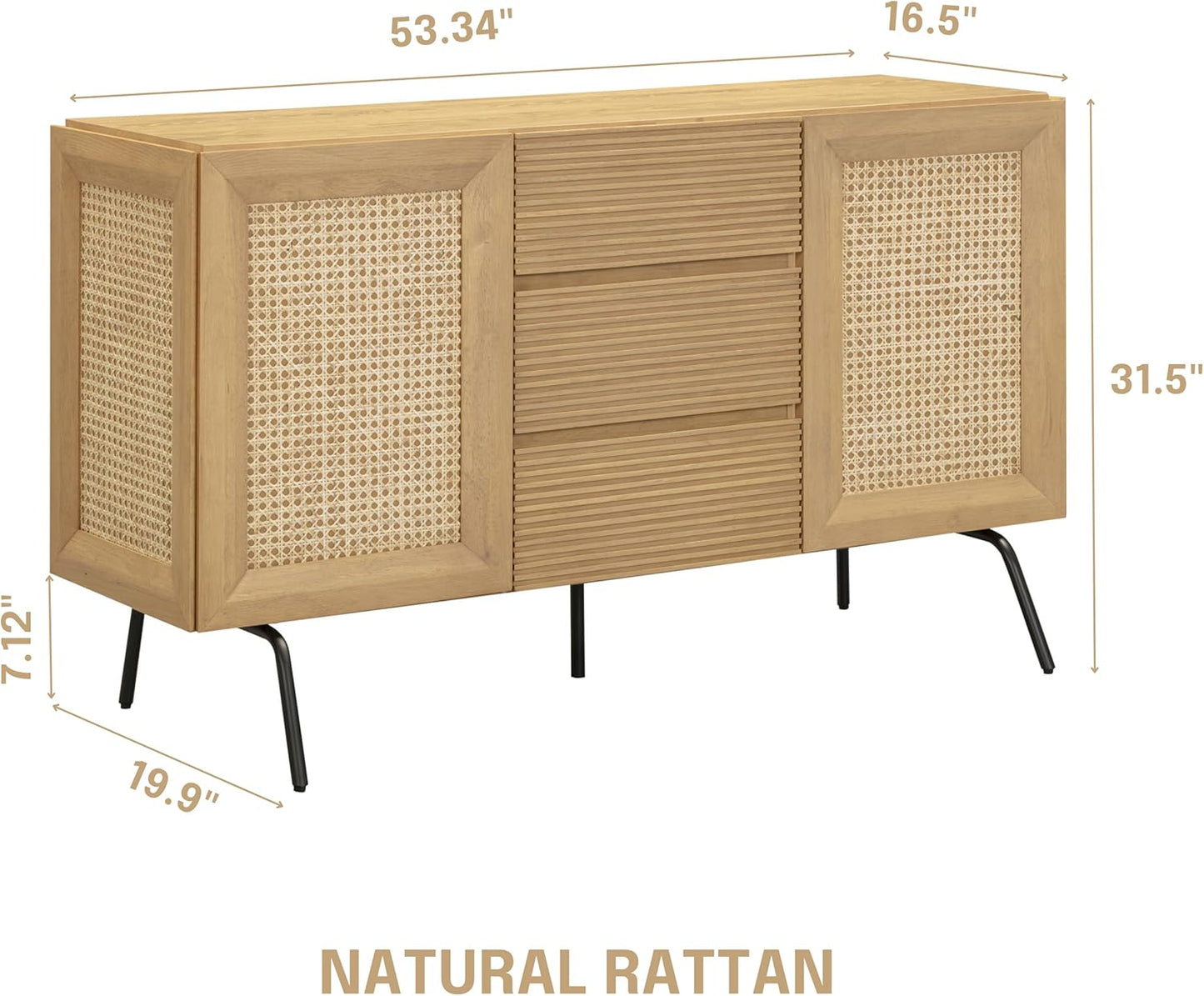 NTC MOSSIC Sideboard with 2 Doors and 3 Drawers, Buffet Cabinet with Natural Rattan and Metal Legs, Modern Storage Cabinet for Living Room, and Hallway, Effortless Assembly, Sand