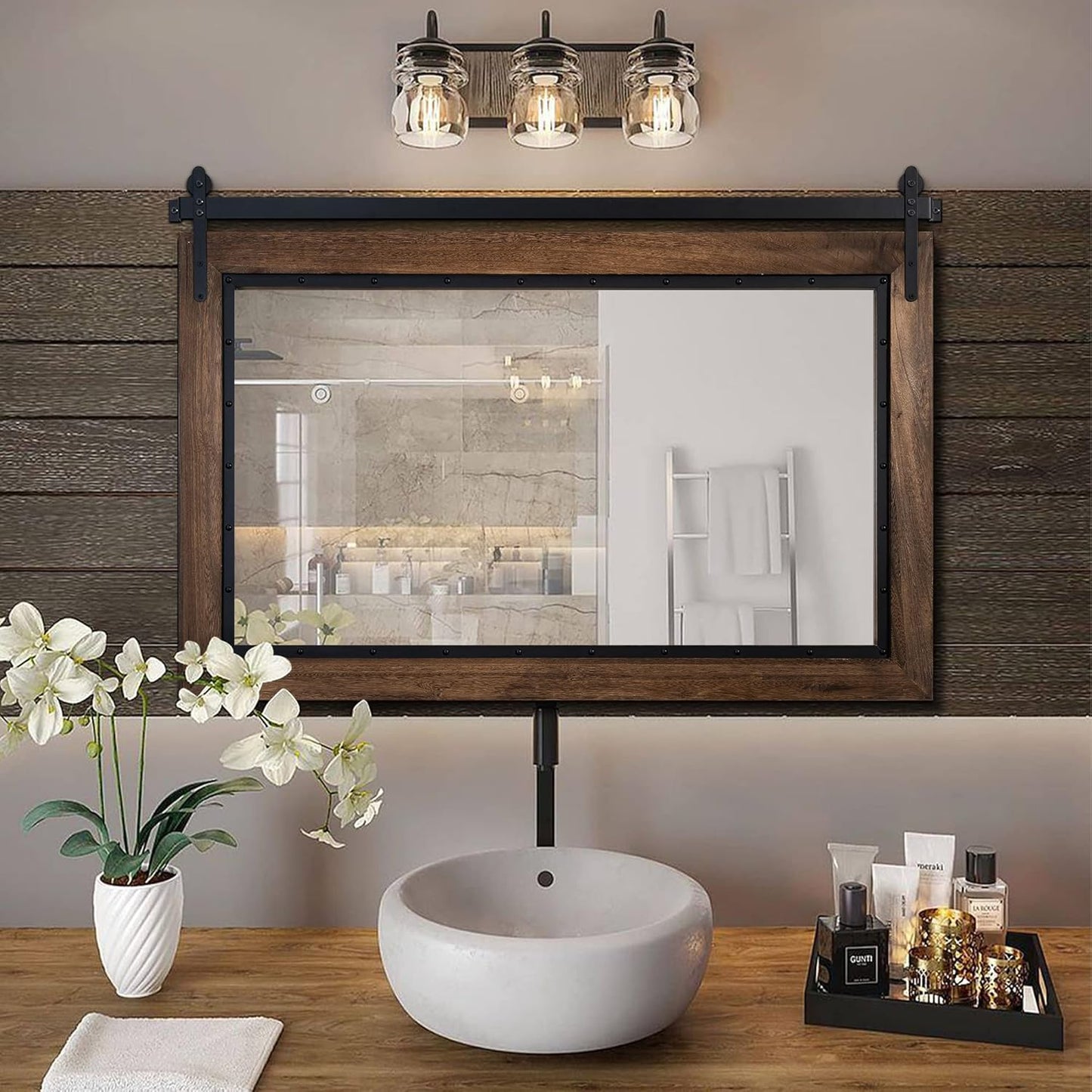 YOSHOOT Farmhouse Barn Door Mirror, 40"x26" Rustic Bathroom Mirror, Wood Frame Wall Mirror, Wooden Mirror for Living Room Bedroom Entryway Wall Décor, Horizontal Hanging ONLY