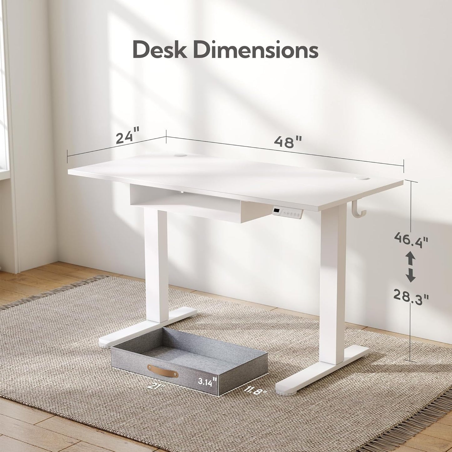 Seang Standing Desk with Drawer, 48" x 24" Height Adjustable Stand Up Desk, 3 Memory Height Settings with Cable Grommets & Storage Hooks, Ideal for Home & Office, White