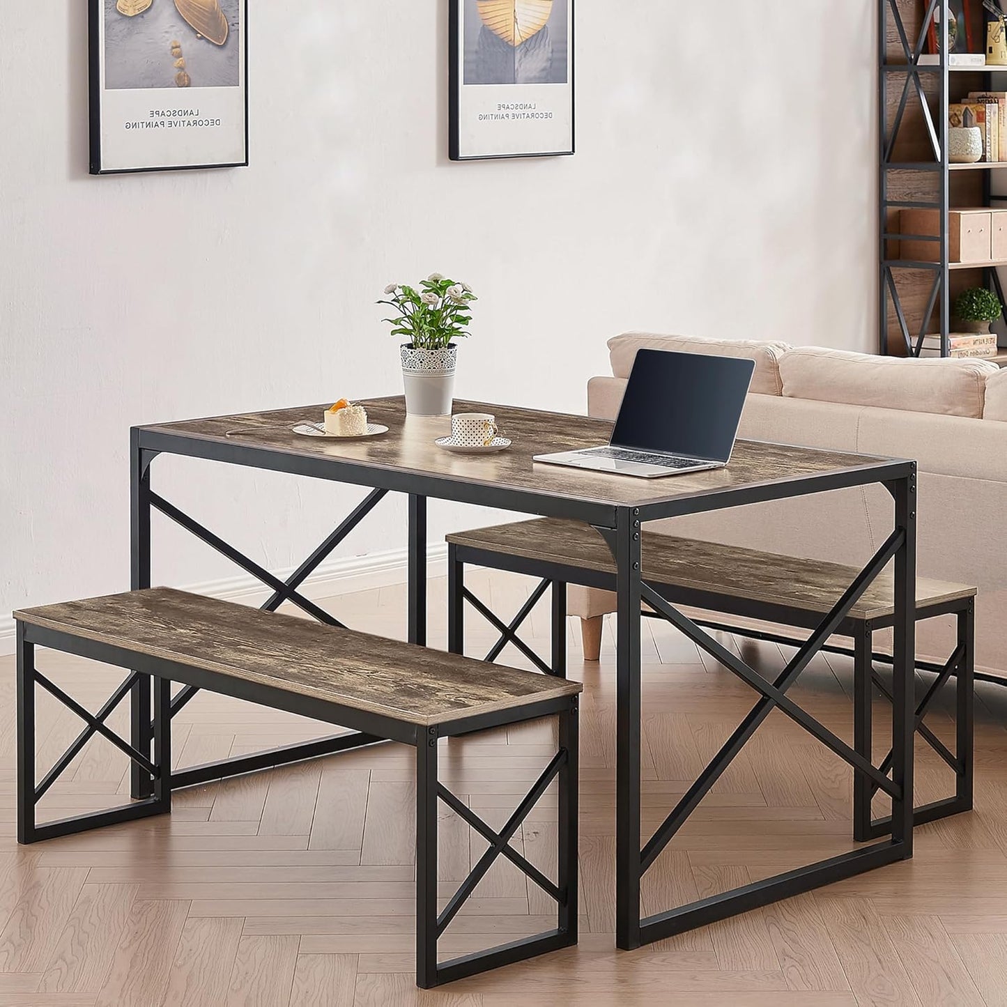 VECELO Kitchen Dining Table Set for 4 to 6, 55" Wood Dinette 2 Benches with Metal Frame for Dinner Breakfast Nook and Small Space, Grey