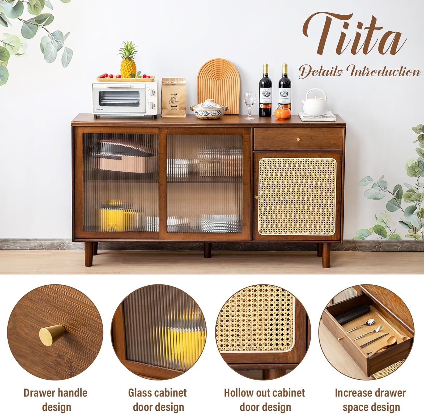 Tiita Bamboo Sideboard Buffet Cabinet, Rattan Kitchen Storage Cabinet with Drawer, Boho Coffee Bar Tables for Kitchen Hallway Office, Walnut