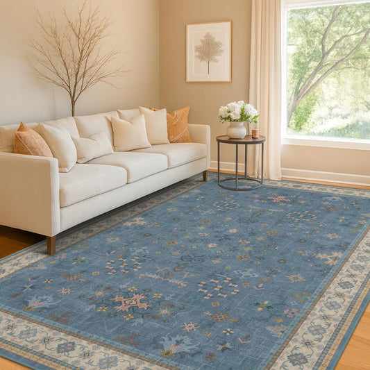 Boho 6x9 Living Room Rugs - Modern Dark Blue Dining Room Rug for Under Table, Lightweight Washable Foldable Low Pile Carpet, Eclectic Floral Bedroom Décor Aesthetic