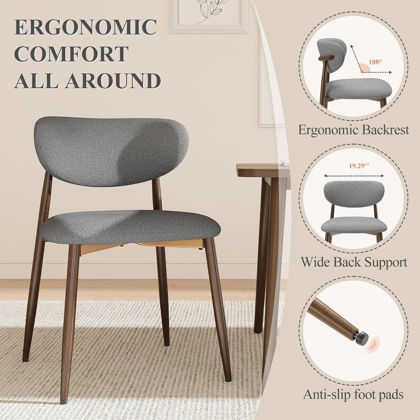 Dining Chairs Set of 2, Ergonomic Fabric Upholstered Seating with Wood Look Metal Legs and Anti Slip Pads, for Home and Restaurant Use, Light Grey