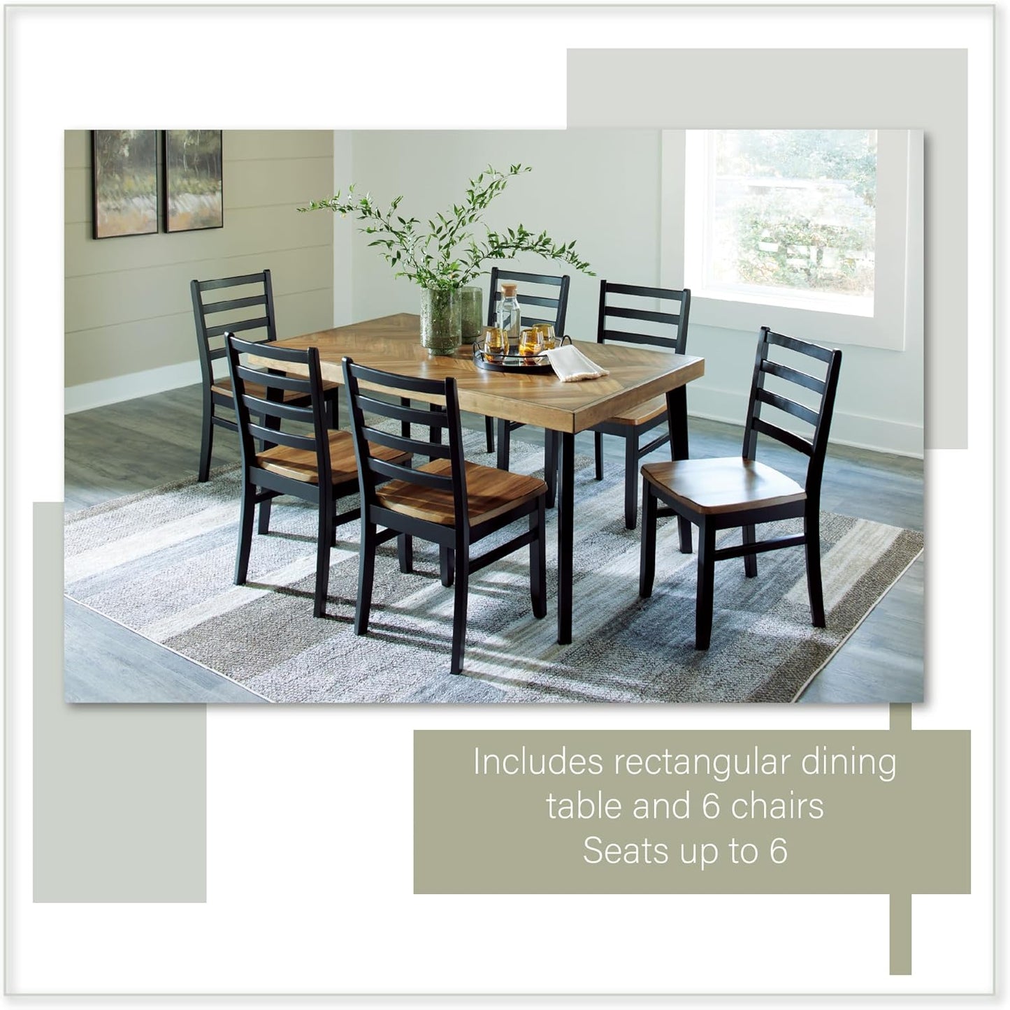 Signature Design by Ashley Blondon Rustic Chevron Dining Table and 6 Chairs, Set of 7, Black & Light Brown
