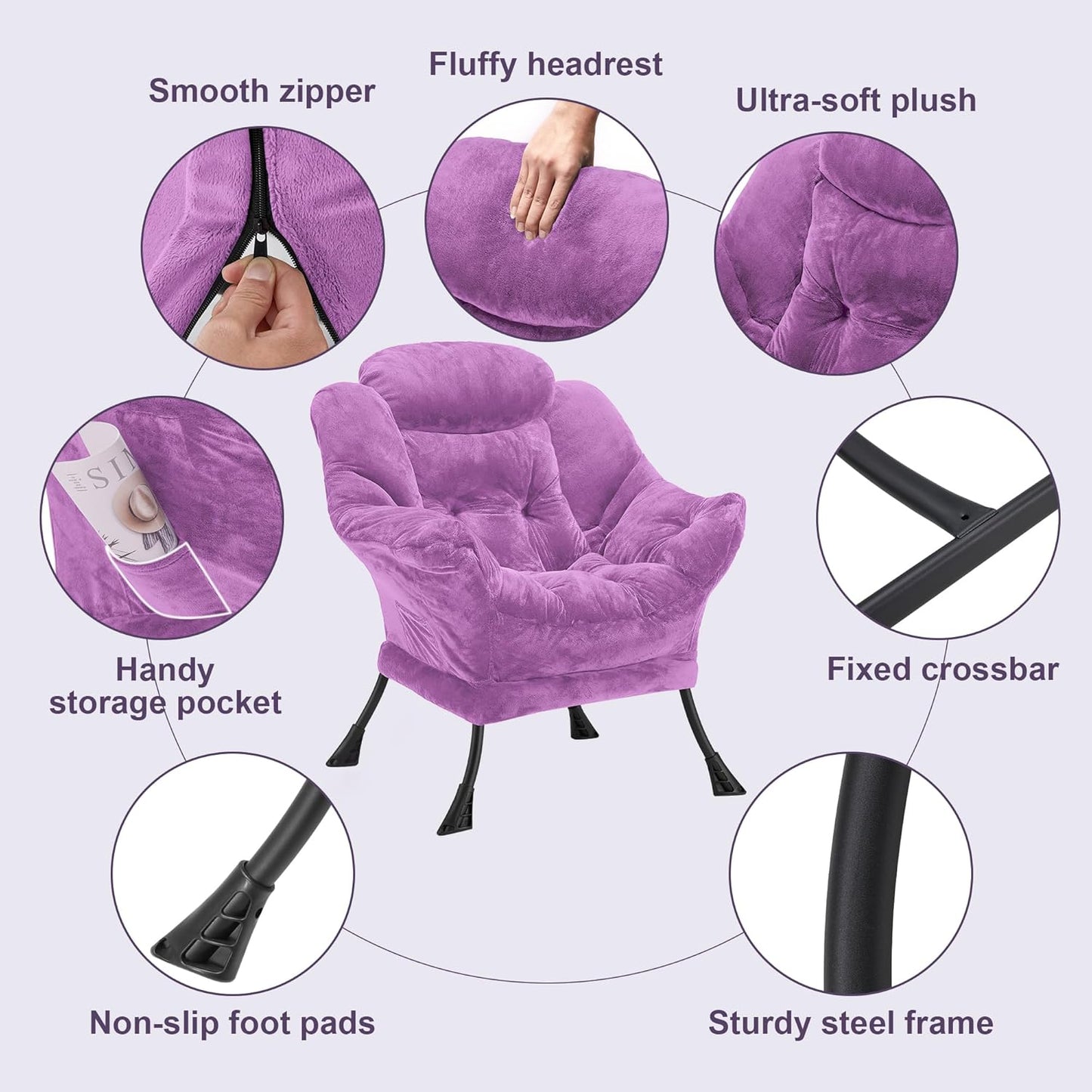 Fabric Lazy Chair for Adults, Oversized Upholstered Sofa Chair, Plush Comfy Lounge Chair with Large Side Storage Pocket, Thick Padded Reading Chair for Living Room, Bedroom, Office, Purple
