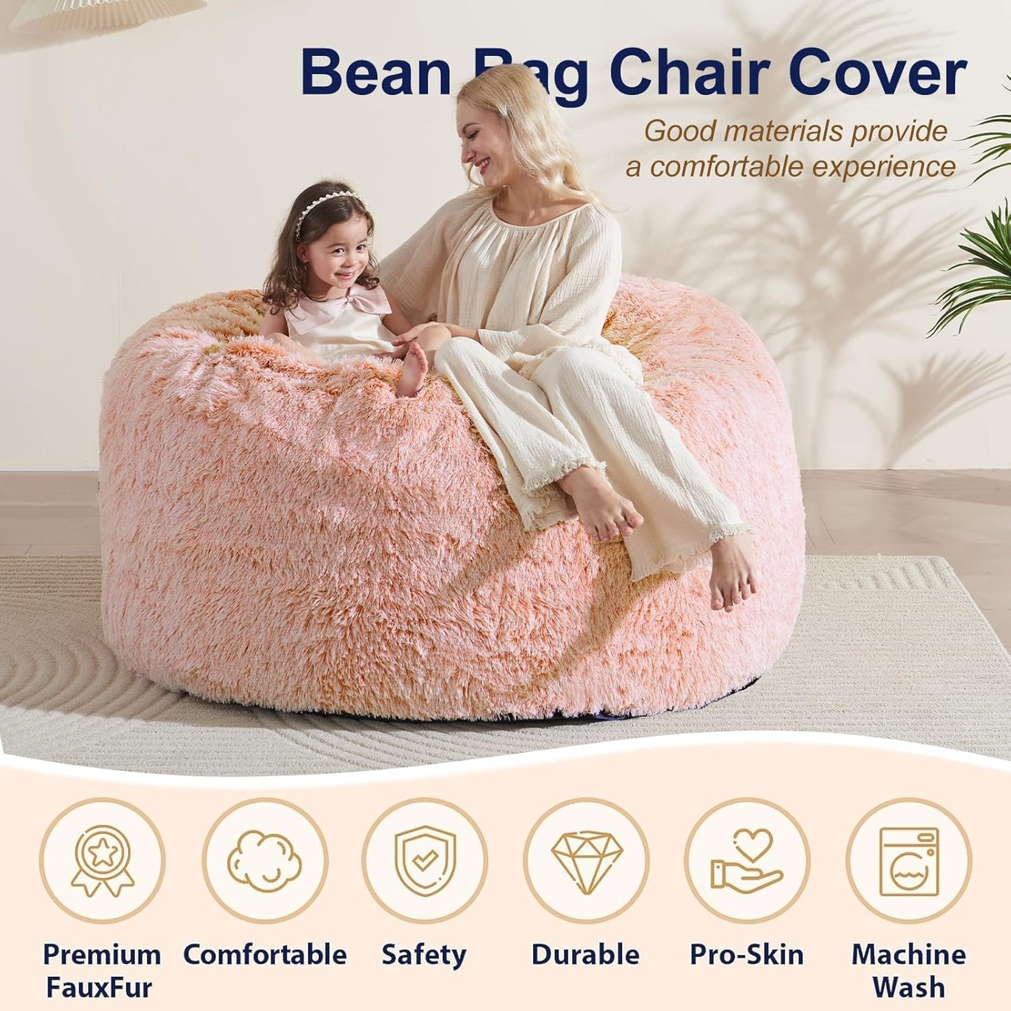 Bean Bag Cover(No Filler), Faux Fur Comfy Bean Bag Chairs for Adults, Washable Bean Bag Chair Cover, Fluffy Plush Giant Bean Bags Chairs for Teens Kids Girls, Anti-Slip, 5FT, Orange