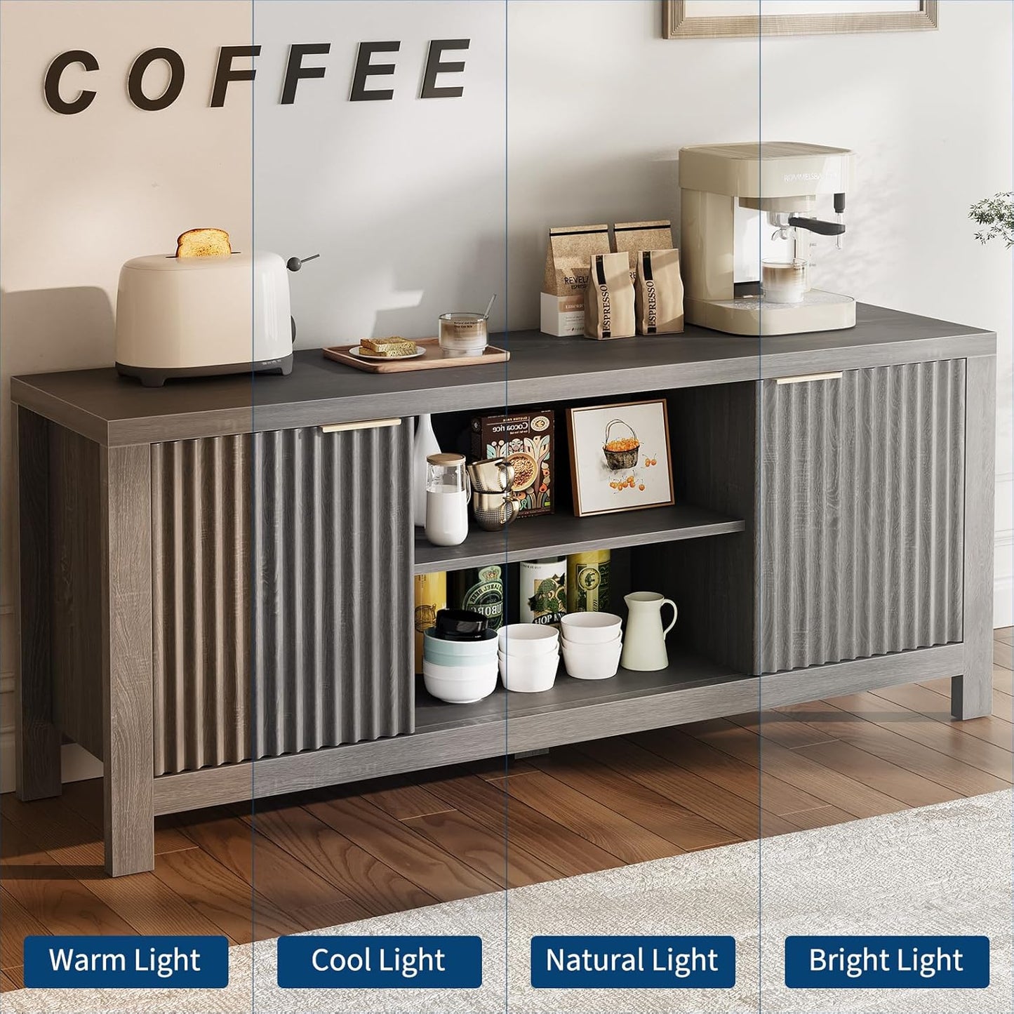 59" TV Stand for TVs Up to 65 Inches, Mid Century Modern TV Entertainment Center with Storage Cabinets & Open Shelves, Wood TV Cabinet for Living Room, Gray Oak