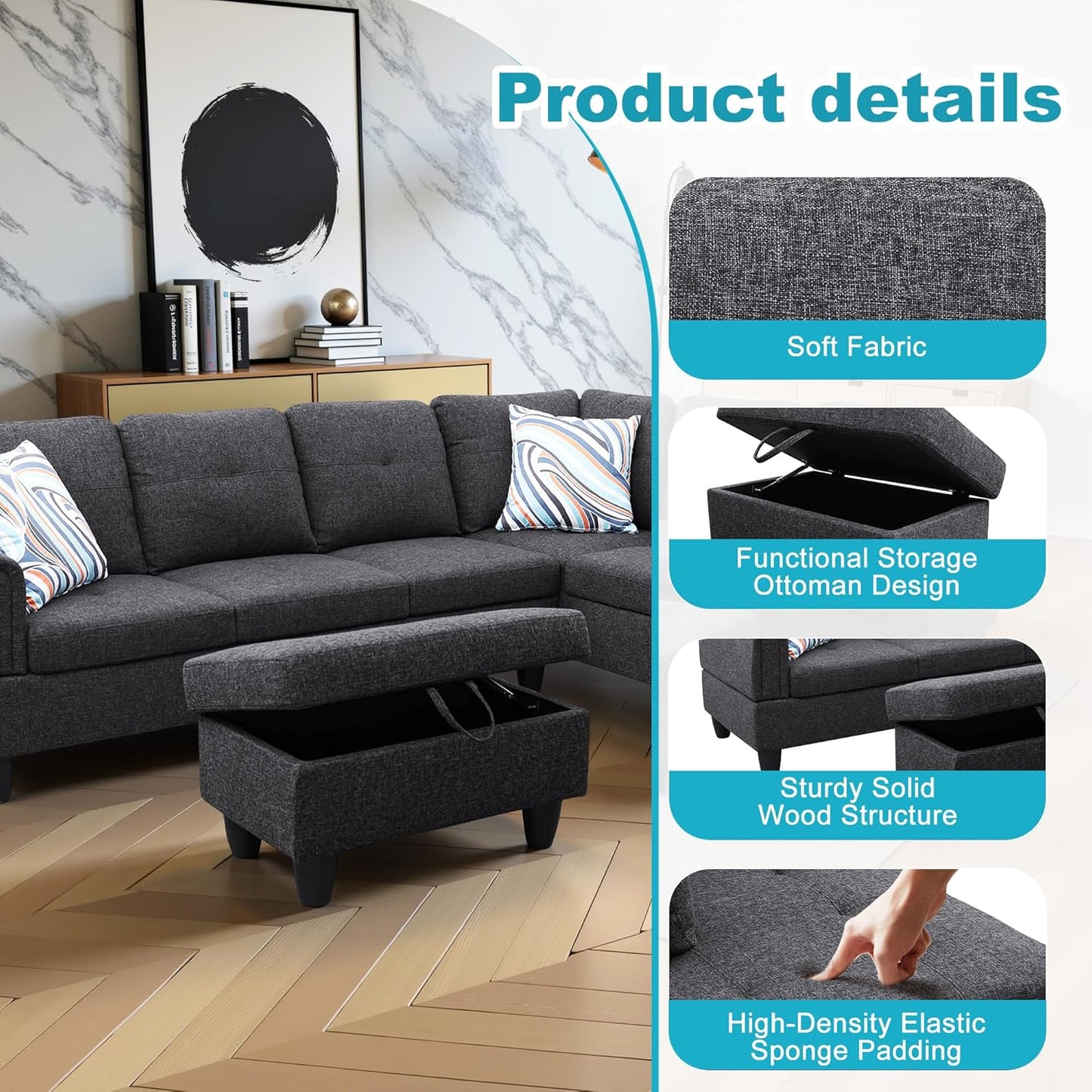 Couches for Living Room Modern L Shaped Couch Comfy Linen Fabric 3 Pieces Sectional Sofa with Chaise, Ottoman with Storage for Office and Small Apartment, Dark Grey