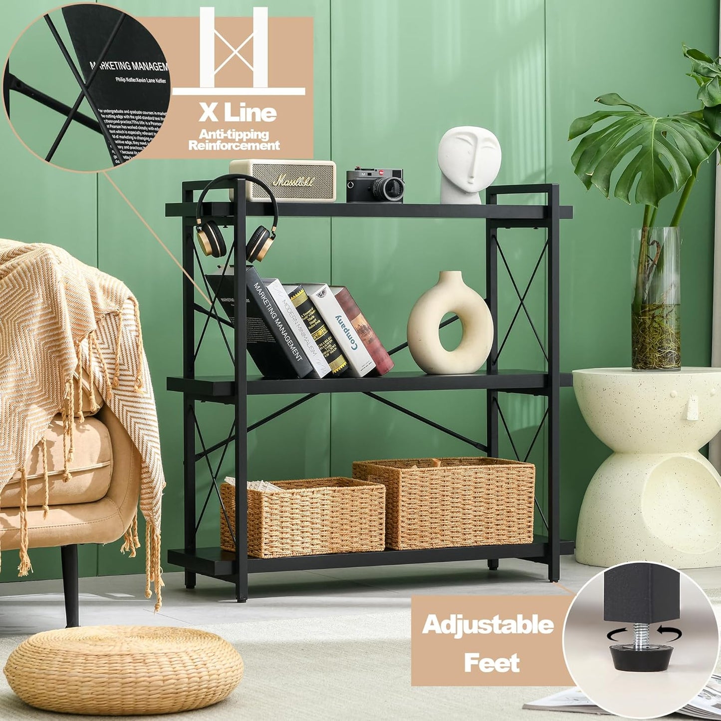 HCHQHS Bookshelf, 3-Tier Industrial Bookcase, Black Open Book Shelf, Freestanding Horizontal Bookshelves with Metal Frame