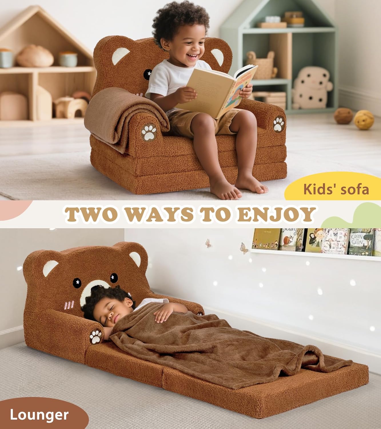 Kids Couch, 2-in-1 Soft Toddler Couch Fold Out with Blanket, Chair Comfy, Foldable Convertible Plush Sofa to Lounger, Gifts for Kids Girl Boys, Teddy Bear