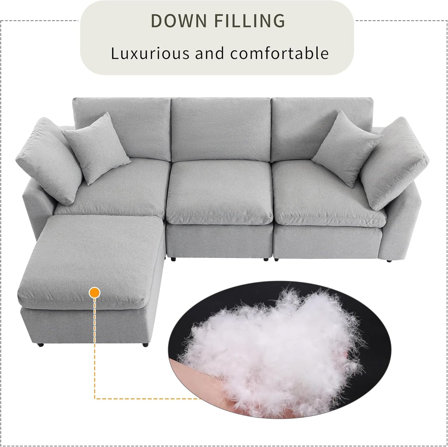 104.3 Inch L-Shaped Modular Sectional Sofa with Reversible Chaise and Pillows, Down Filled Upholstered Convertible Corner Couch for Living Room, Bedroom, Office, Apartment, Light Gray