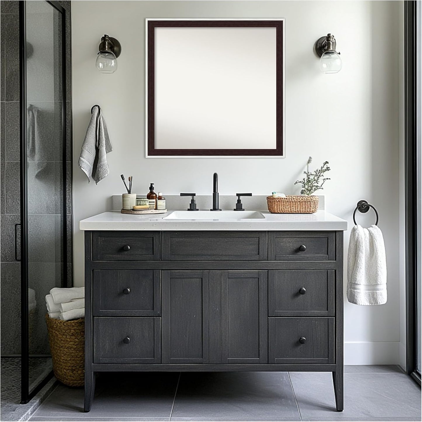 Amanti Art Bathroom Mirror for Over Sink, 29x29 Maya Espresso Silver Square Vanity Mirror, Large Modern Contemporary Frame, Hangs Horizonally and Vertically, Bathroom Wall Decor, Non-Beveled Edge