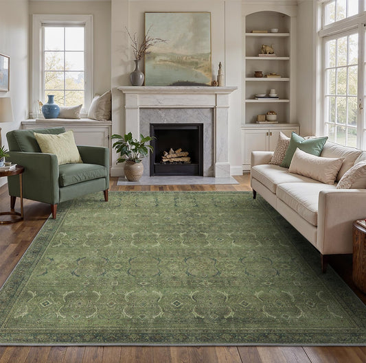 9X12 Area Rugs Machine Washable Rugs for Living Room, Vintage Boho Large Rugs for Bedroom Dining Room, Non Slip Indoor Soft Distressed Lightweight Thin Low Pile Carpet, Vivid Green