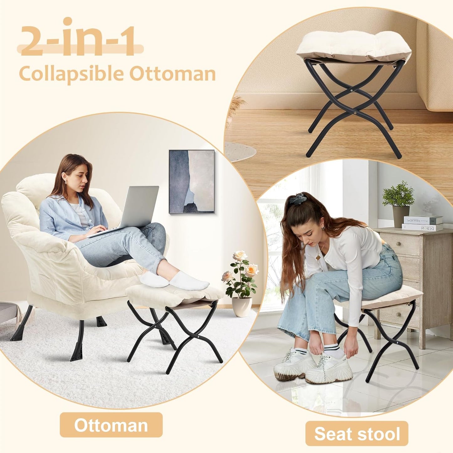 Fabric Lazy Chair with Ottoman, Oversized Upholstered Sofa Chair for Adults, Plush Comfy Lounge Chair with Large Side Storage Pocket, Reading Chair for Living Room, Bedroom, Study Room, Beige