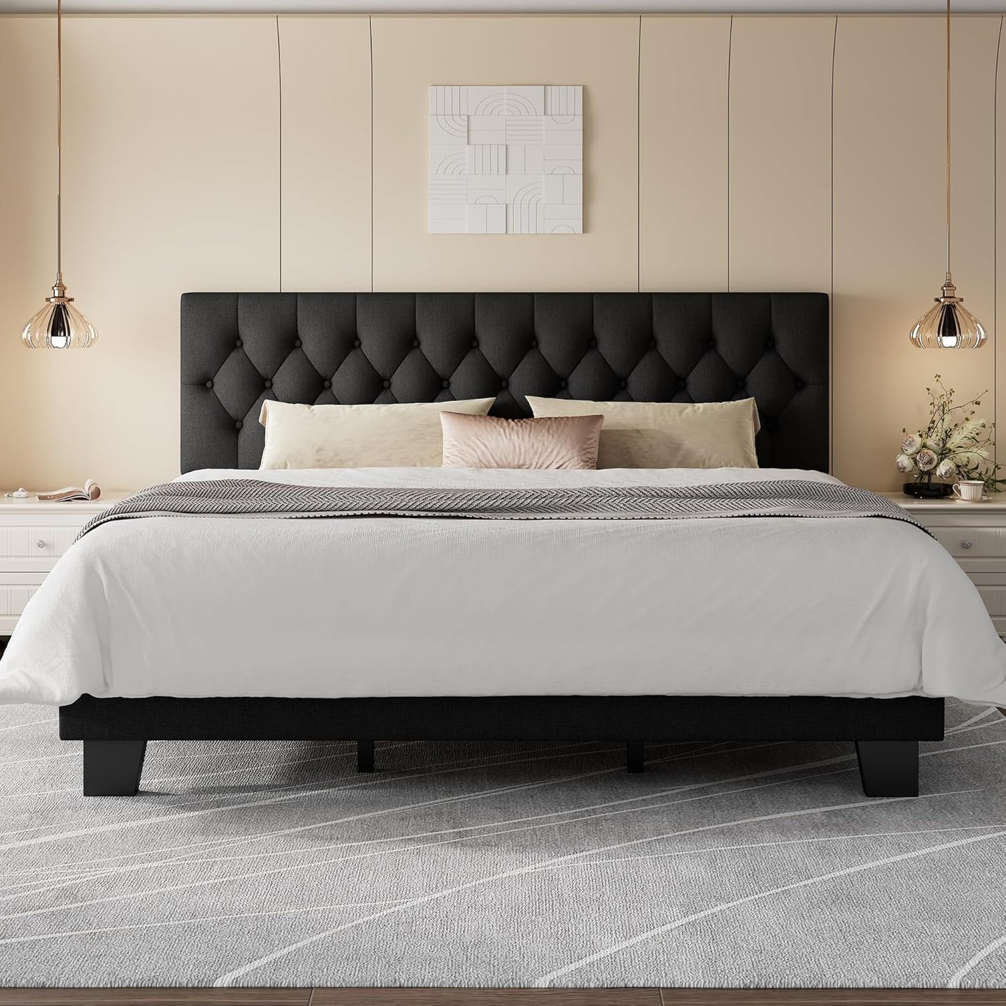 Feonase King Size Platform Bed Frame, Upholstered Bed with Button Tufted Headboard, Heavy Duty Wooden Slats & Thickened Feet, No Box Spring Needed, Noise-Free, Easy Assembly, Black
