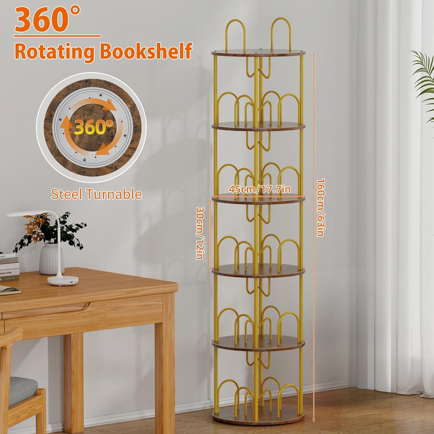 5 Tier Rotating Bookshelf, 360° Spinning Bookshelf Tower, Round Narrow Space Saving for Books and Display, Revolving Bookcase Corner Tall Book Shelf for Small Spaces, Bedroom, Living Room, Gold