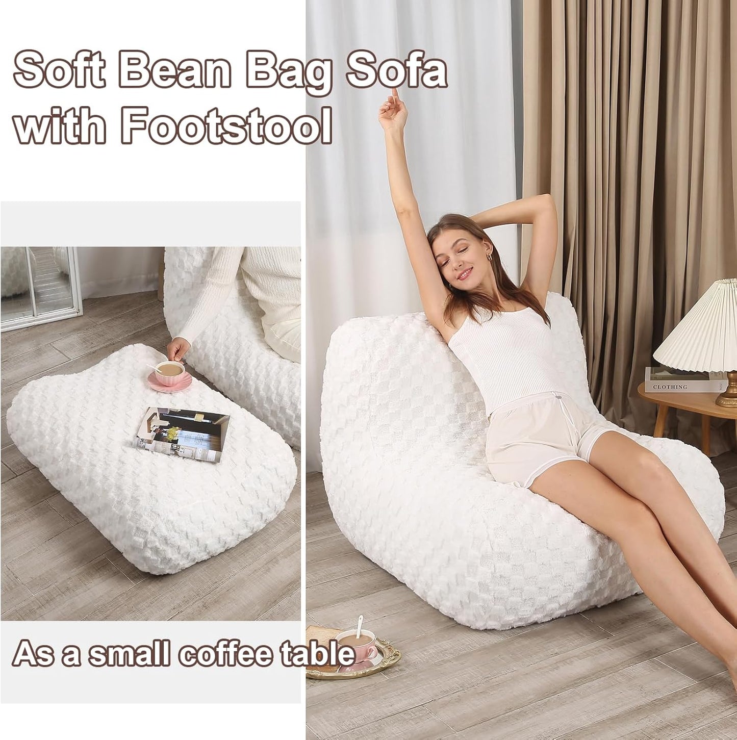 Bean Bag Chair with Footstool, Comfy Reading Sofa Chair for Adults, Modern Floor Sofa for Livingroom, Bedroom, Cream