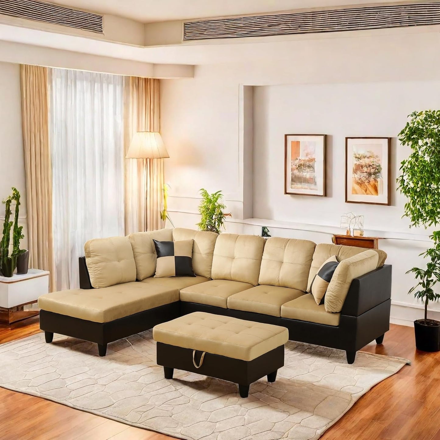 L Shaped Sectional Sofa with Ottoman, Color Blocking Flannel Leather Right Facing Modern Couches for Living Room, Bedroom, Office, Ginger Leather