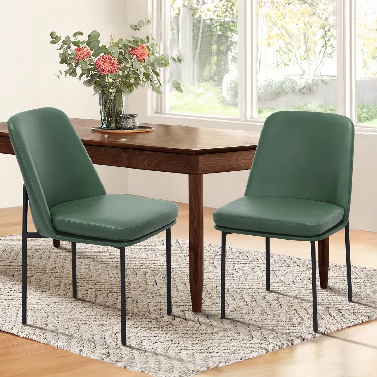 COLAMY Modern Dining Chairs Set of 2, Faux Leather Upholstered Dining Room Chairs Kitchen Chairs Dinner Chair with Curved Back and Metal Legs, Green