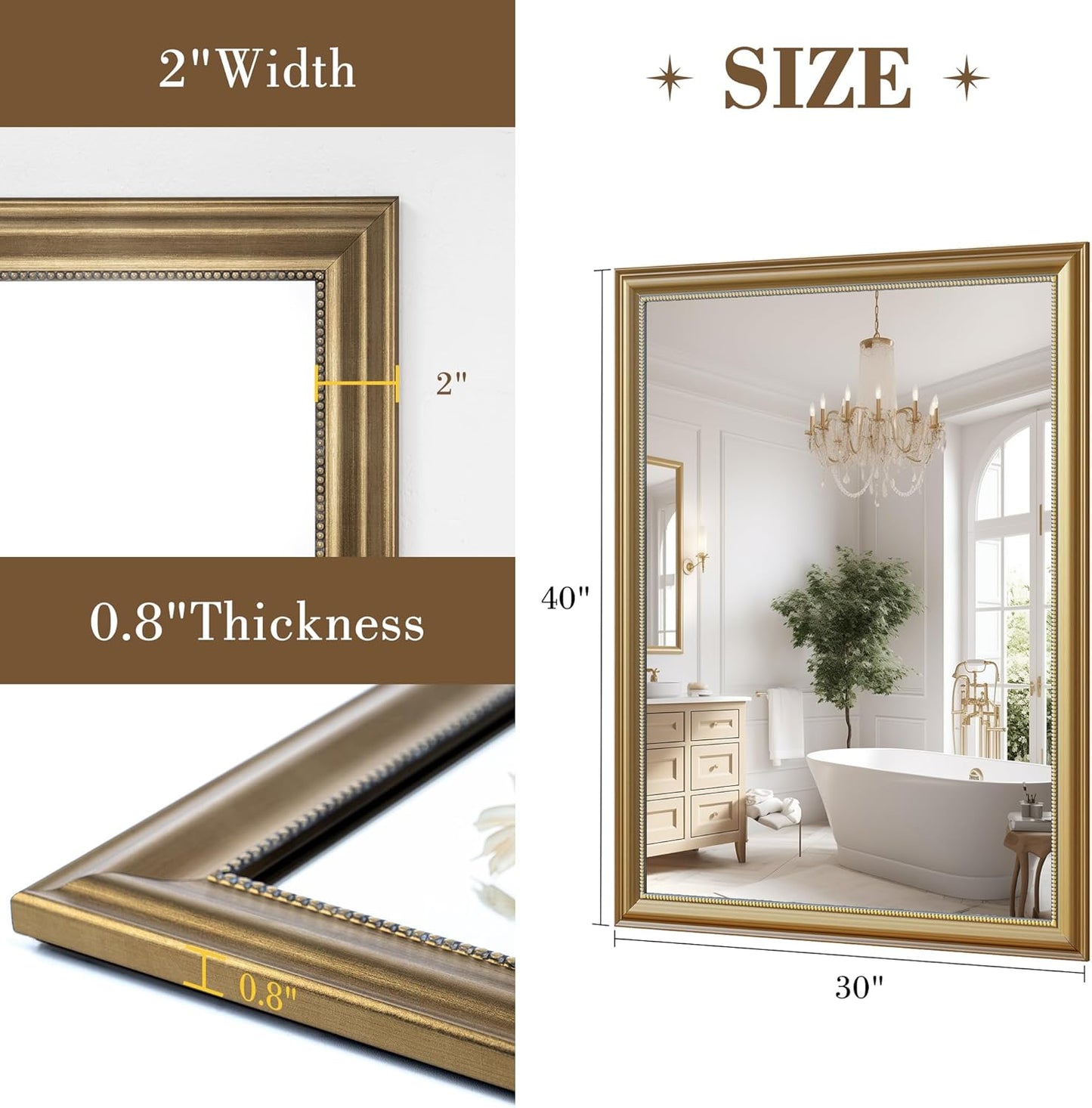 Axeman 30x40 Rectangular Wall Mirror, Decorative Bathroom Mirror, Traditional Vintage Wall Mounted Mirror with Beaded Frame for Accent Living Room Vanity Bedroom Entryway, Gold