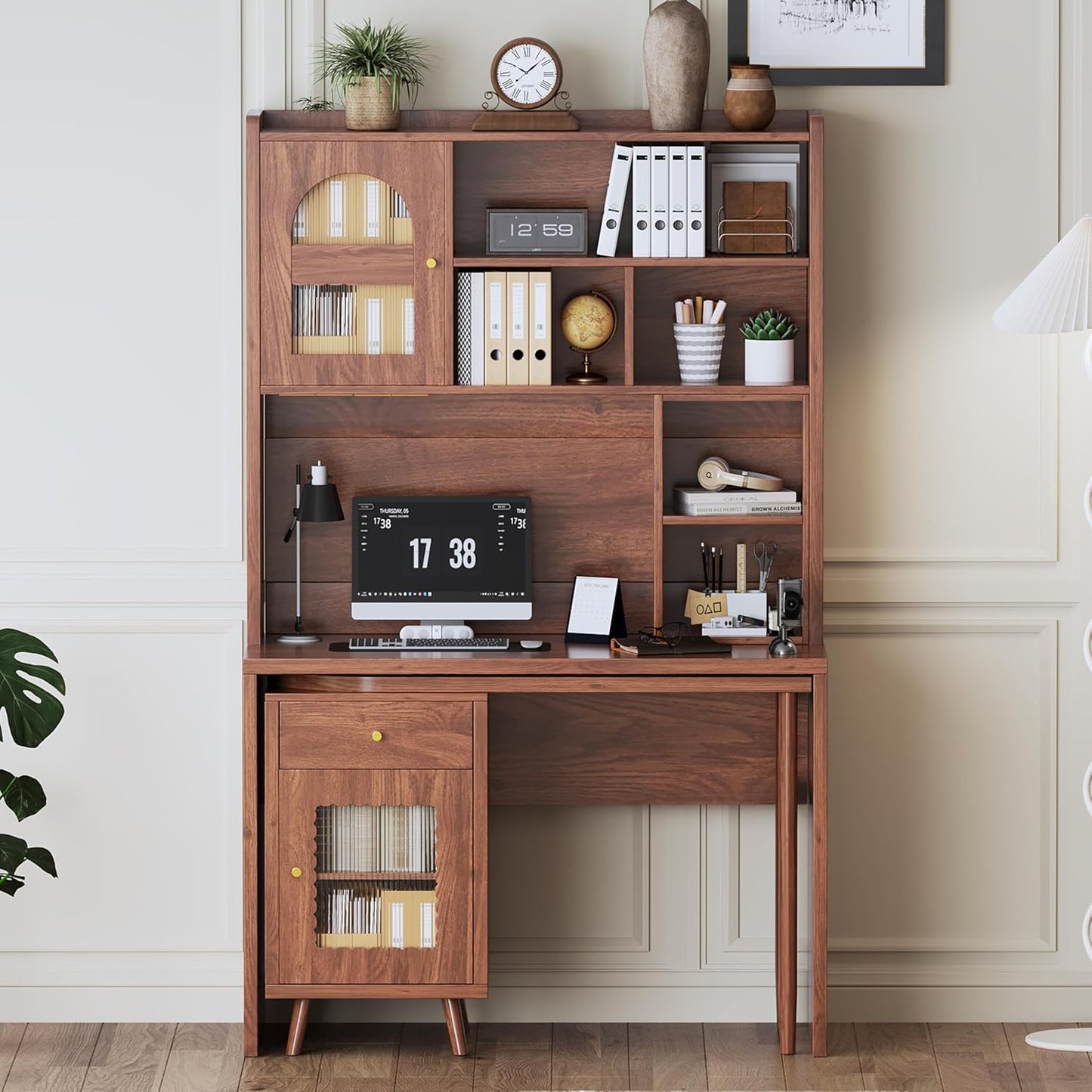 Merax Computer Desk with 90 Degree Rotating Desktop, L Shaped Office Desk with Storage Drawer and Cabinets, Writing Desk with Shelves for Study, Work Desk for Office Bedroom Living Room, Walnut