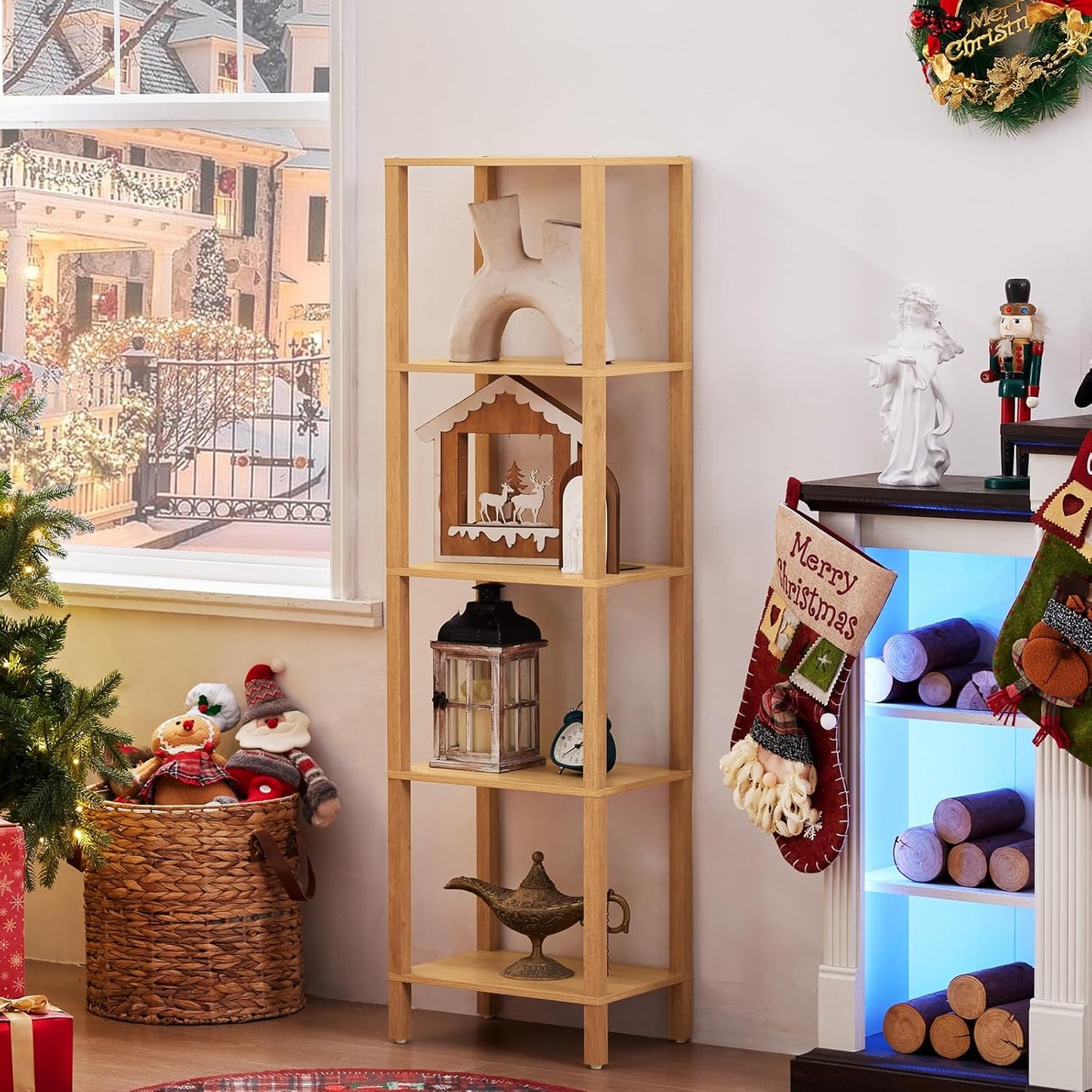 54in Tall Bookshelf 5-Tier Small Narrow Bookcase, Skinny Book Shelf for Small Space, Farmhouse Slim Shelf with Storage, Wood Freestanding Display Thin Bookshelves for Living Room, Natural