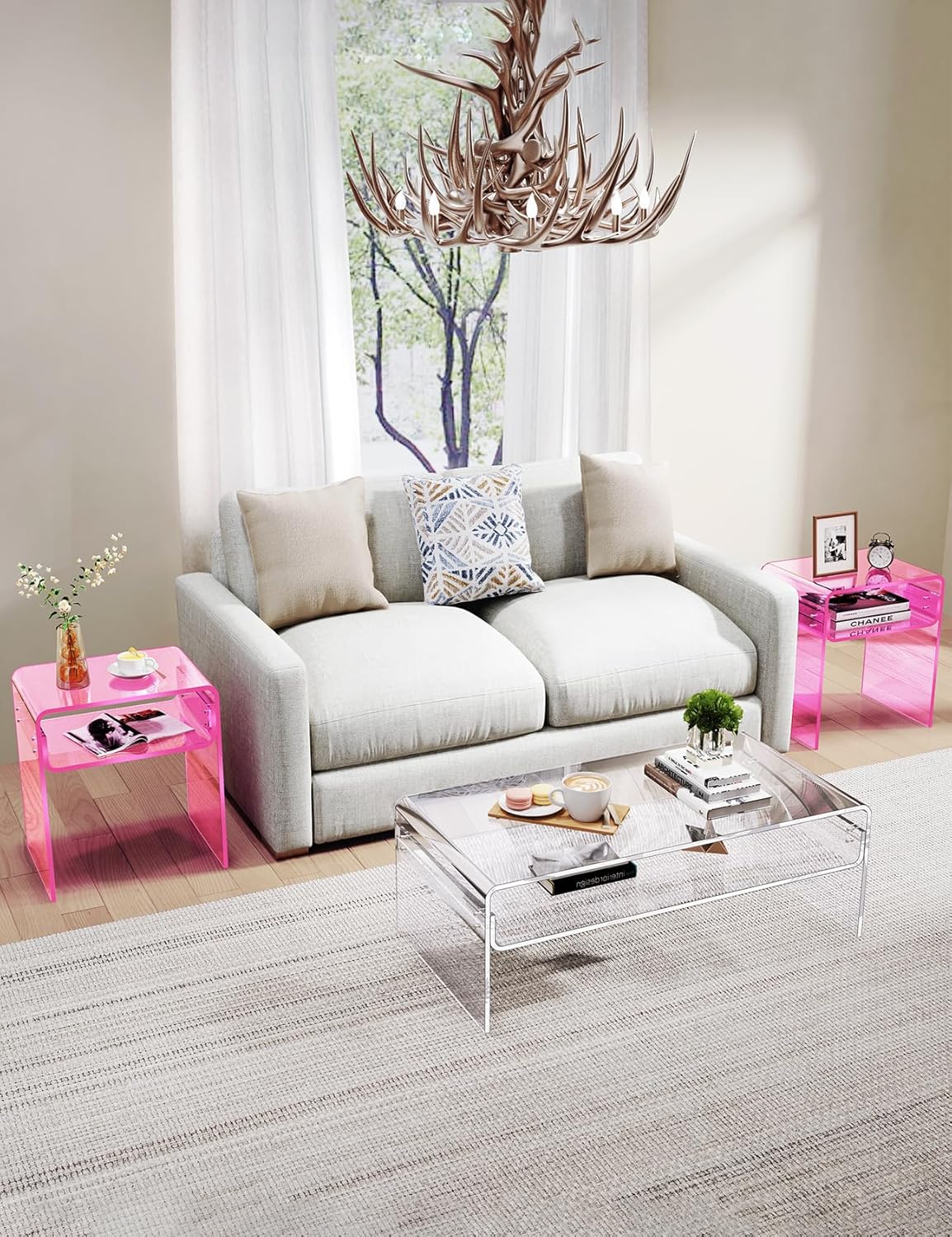 Clear Acrylic End Table 2-Tier Bedside nightstand for Living Room Bedroom Home Decor (Pink)