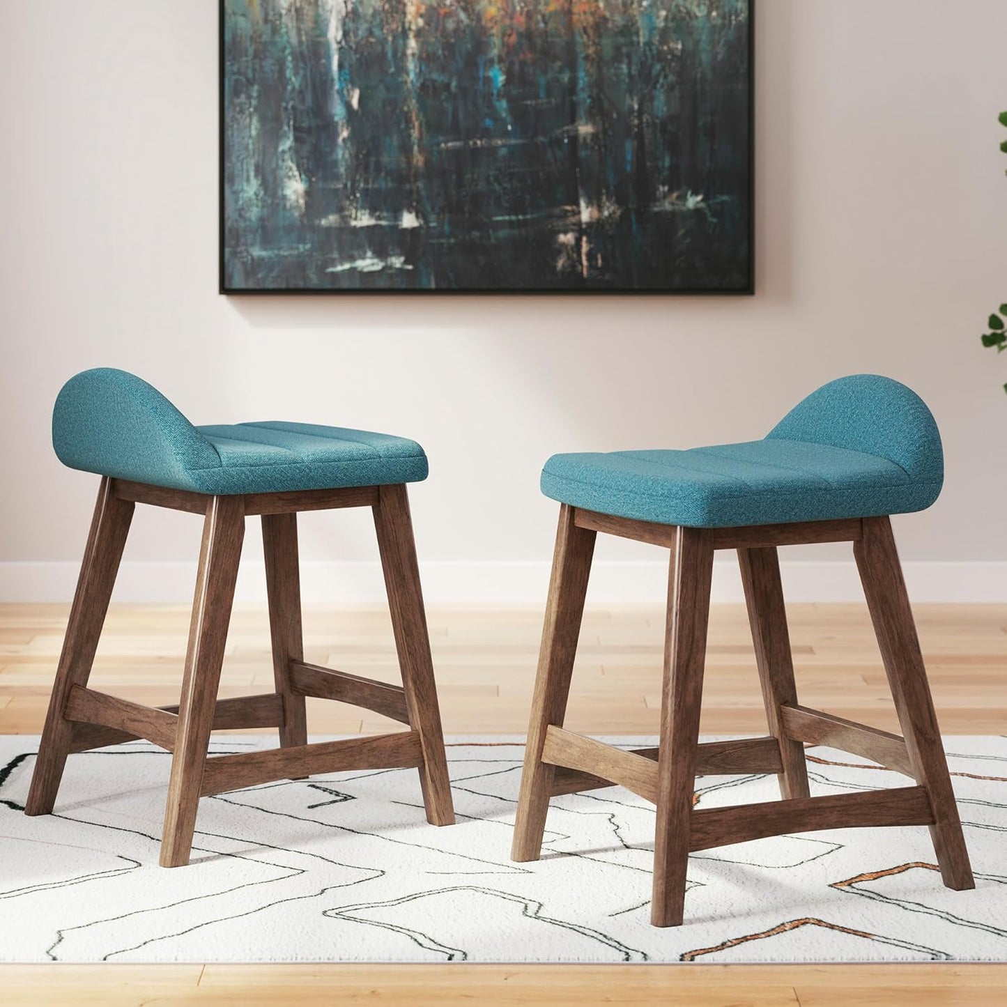 Signature Design by Ashley Lyncott Contemporary 28.5" Counter Height Upholstered Bar Stool with Foam Cushion, 2 Count, Blue & Brown