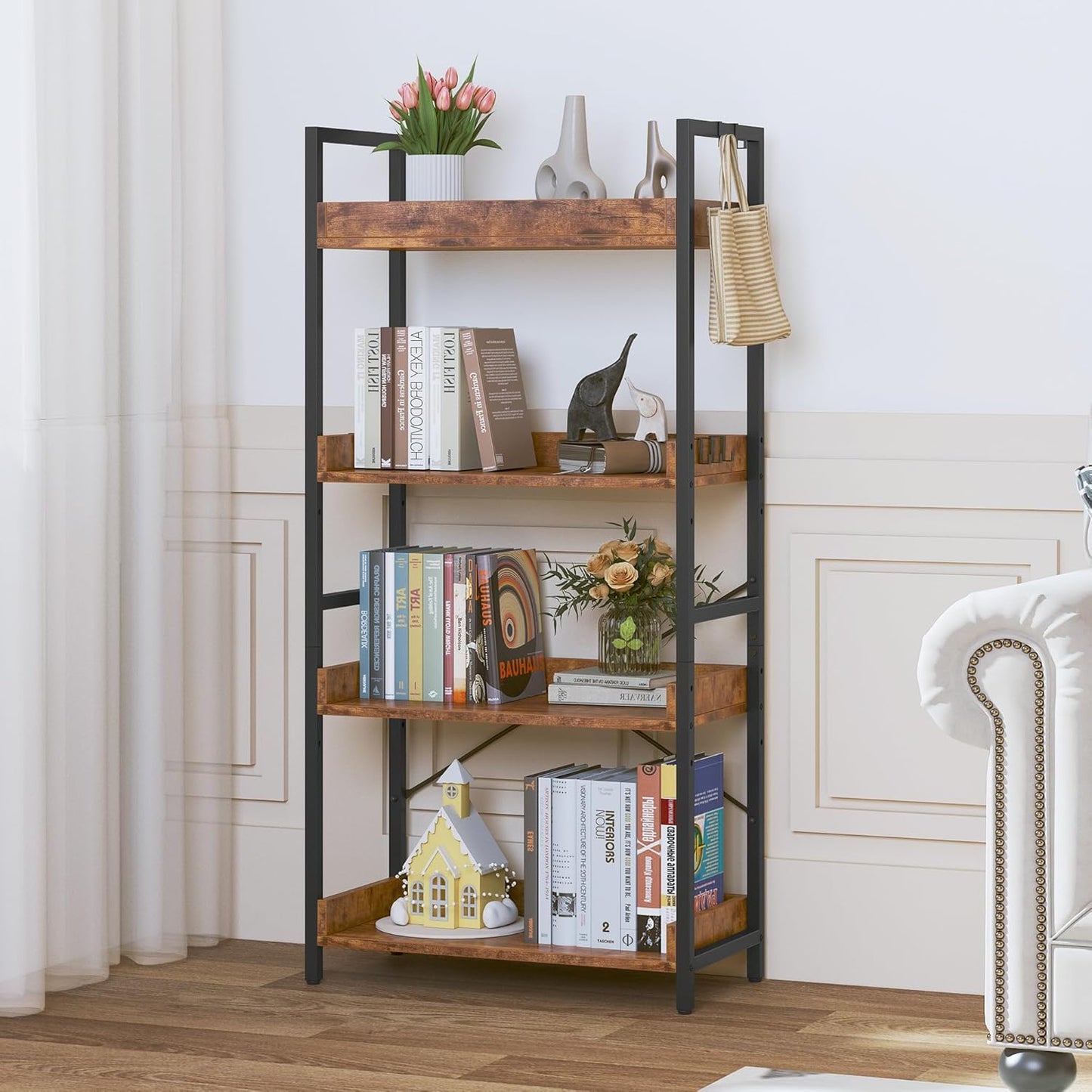 HCHQHS 4 Tier Bookshelf, Adjustable Industrial Bookcase, Vertical Tall Book Shelf, Wood and Black Metal Open Bookshelves for Home Office, Living Room, Bedroom