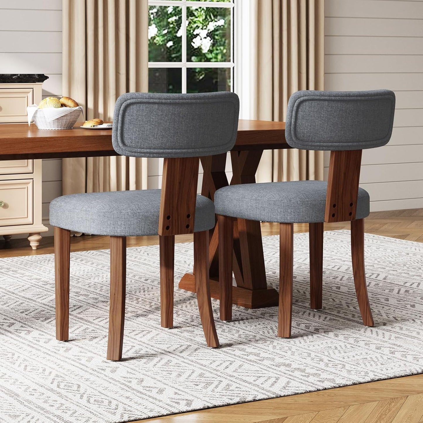 Mid Century Modern Dining Chairs Set of 4, Linen Upholstered Kitchen Chairs with Curved Backrest & Adjustable Legs for Living Room/Lounge, Easy to Install, Grey Linen