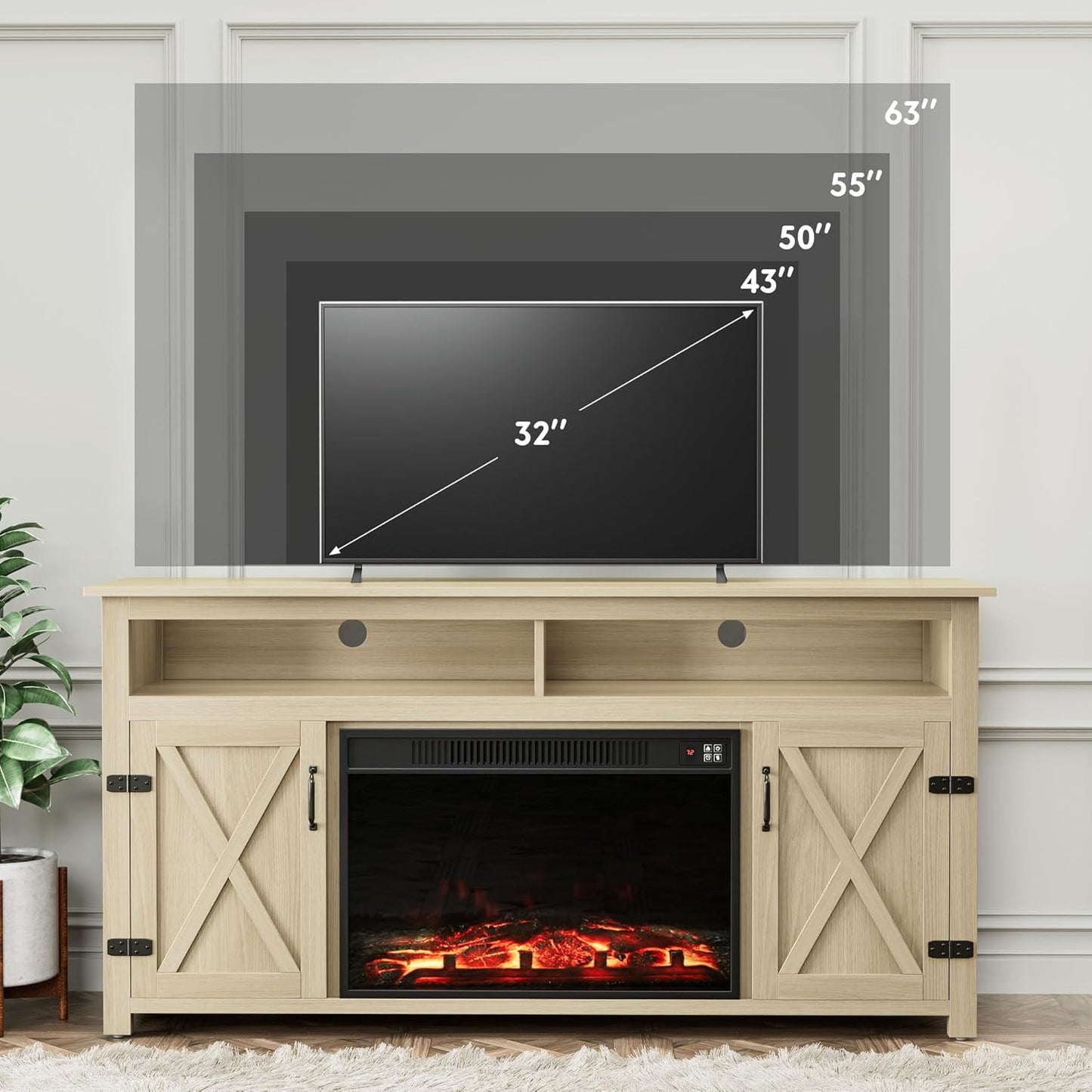 YESHOMY Fireplace TV Stand for Television up to 65+ Inch with Storage and Farmhouse Barn Doors, Entertainment Center with Cabinet and Shelves, Media Console for Living Room, Oak