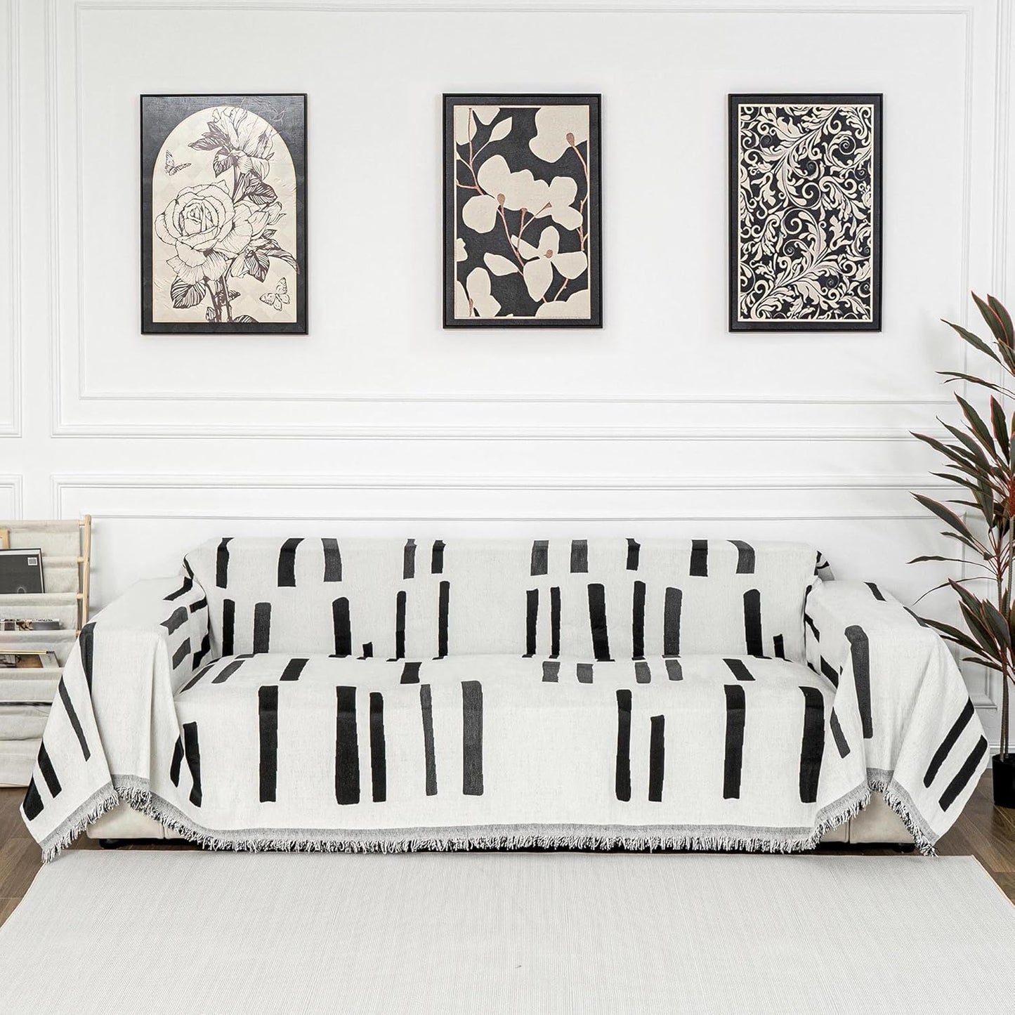 MYSKY HOME Sofa Covers for Sectional Sofa, Couch Cover for Dogs, Couch Covers with Tassel Loveseat Covers Futon Cover L Shaped Cover Washable Chenille Couch Protector, 71" x 118", Black Piano Key