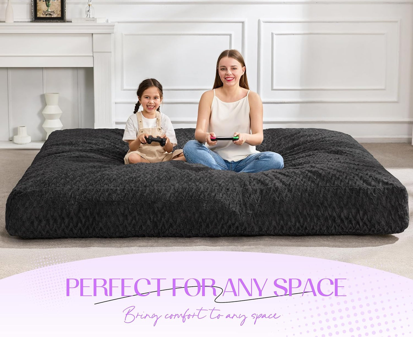 Hobestluk Bean Bag Chair Convertible Beanbag Chairs for Adults, 3 in 1 Bean Bags with Plush Chevron Cover, Adult Bean Bag Chair for Living Room, Bedroom (Black, Queen)